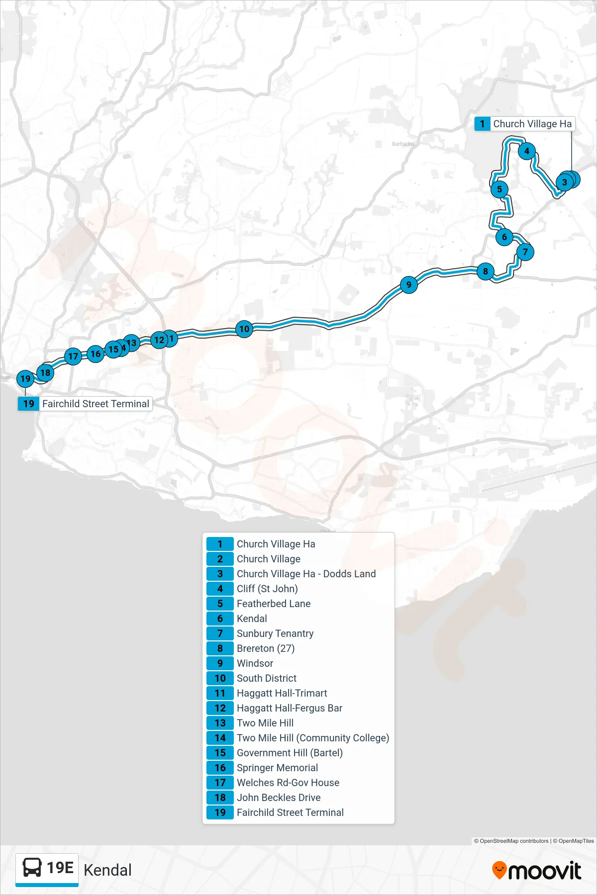 19E bus Line (Kendal To Fairchild Street Terminal) route and stops on a map
