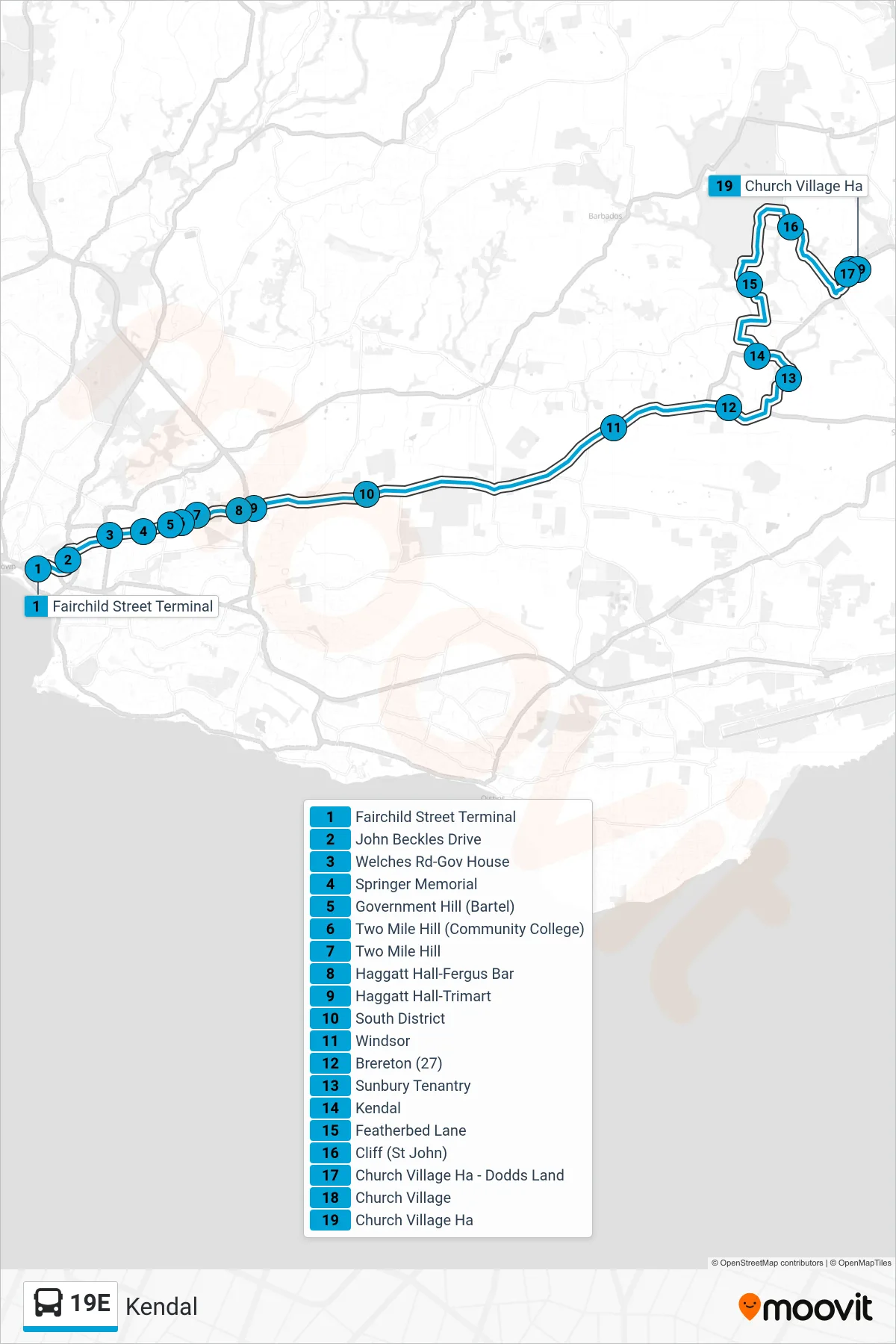 19E bus Line (Fairchild Street Terminal To Kendal) route and stops on a map