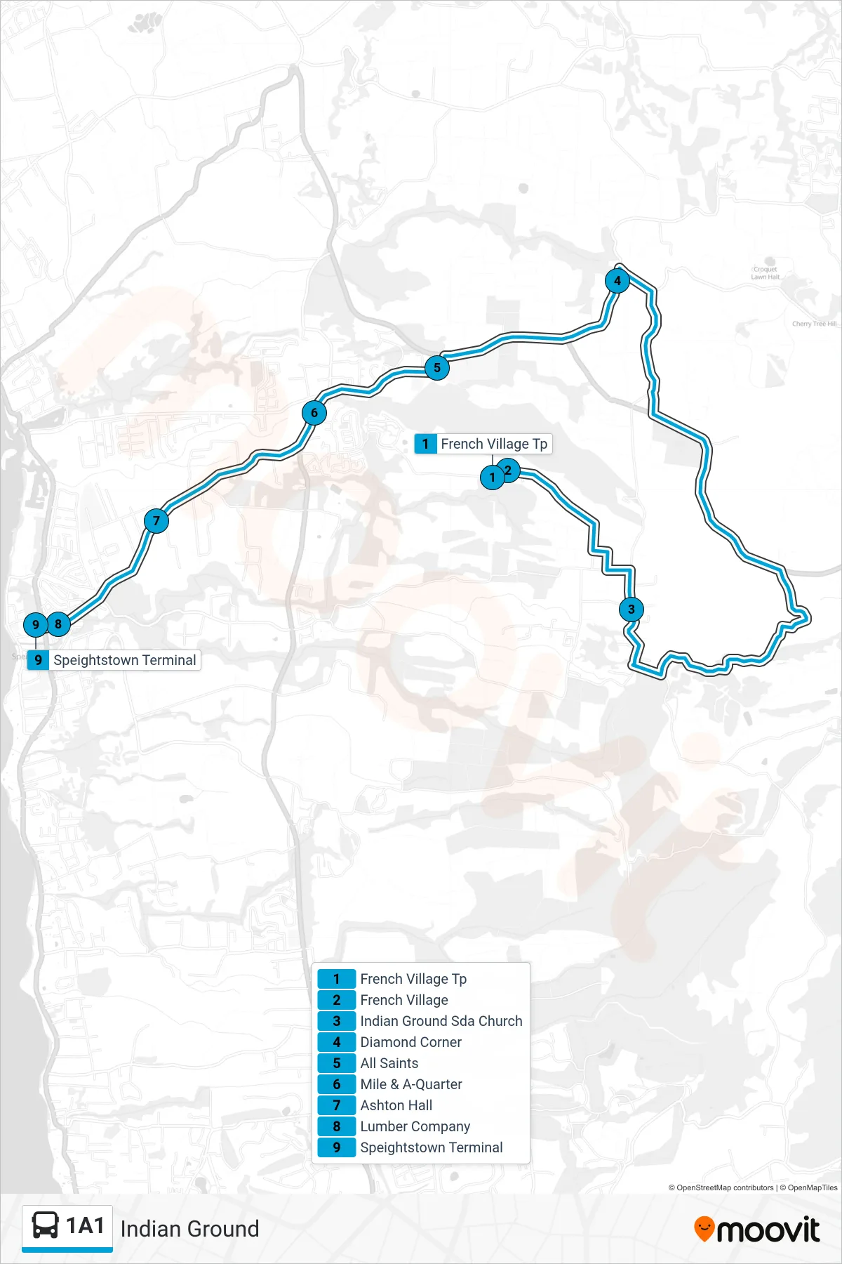 1A1 bus Line (Indian Ground To Speightstown Terminal) route and stops on a map