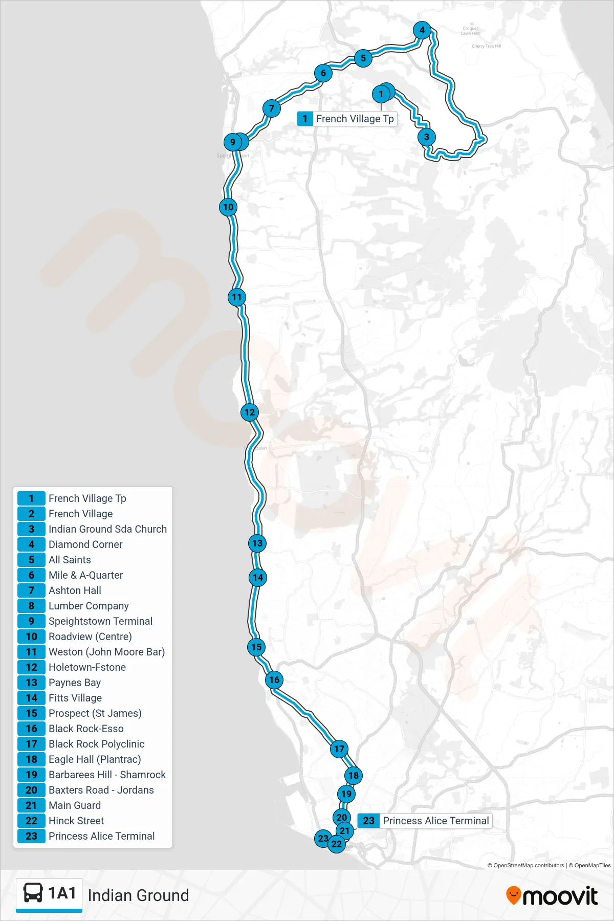 1A1 bus Line (Indian Ground To Princess Alice Terminal) route and stops on a map