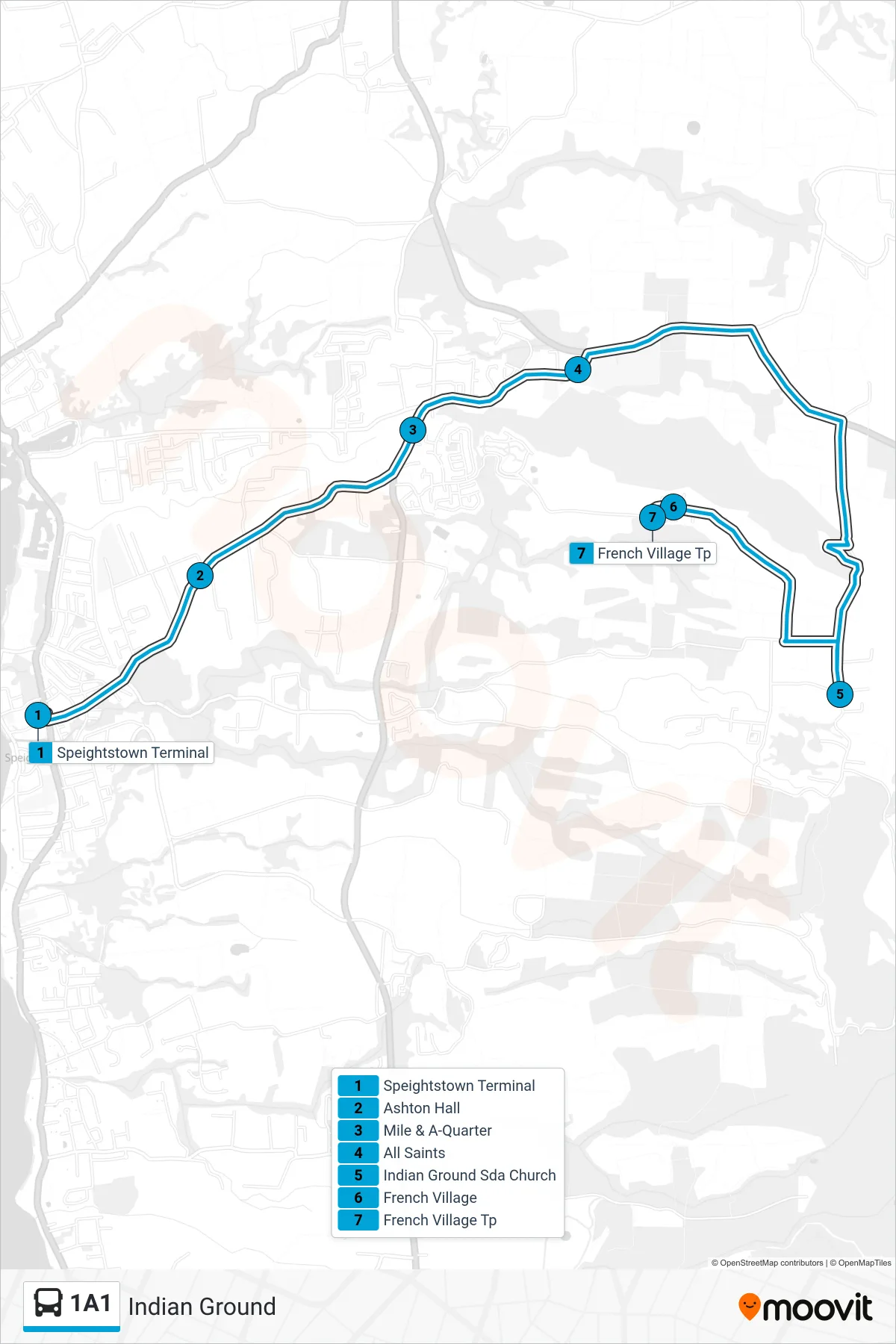 1A1 bus Line (Speightstown Terminal To Indian Ground) route and stops on a map