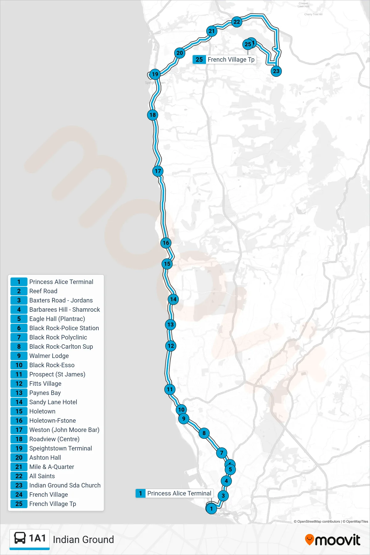 1A1 bus Line (Princess Alice Terminal To Indian Ground) route and stops on a map