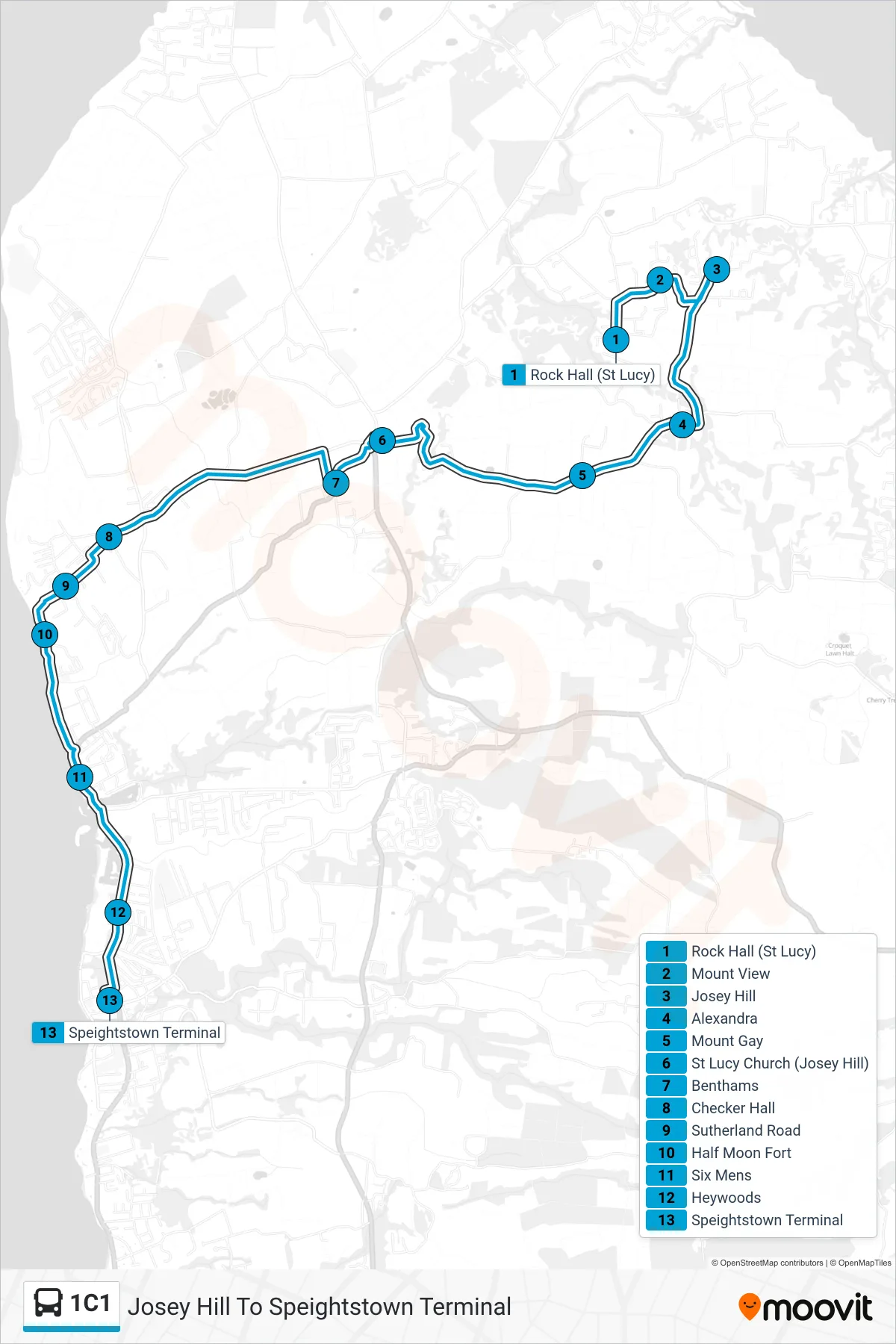 1C1 bus Line (Josey Hill To Speightstown Terminal) route and stops on a map