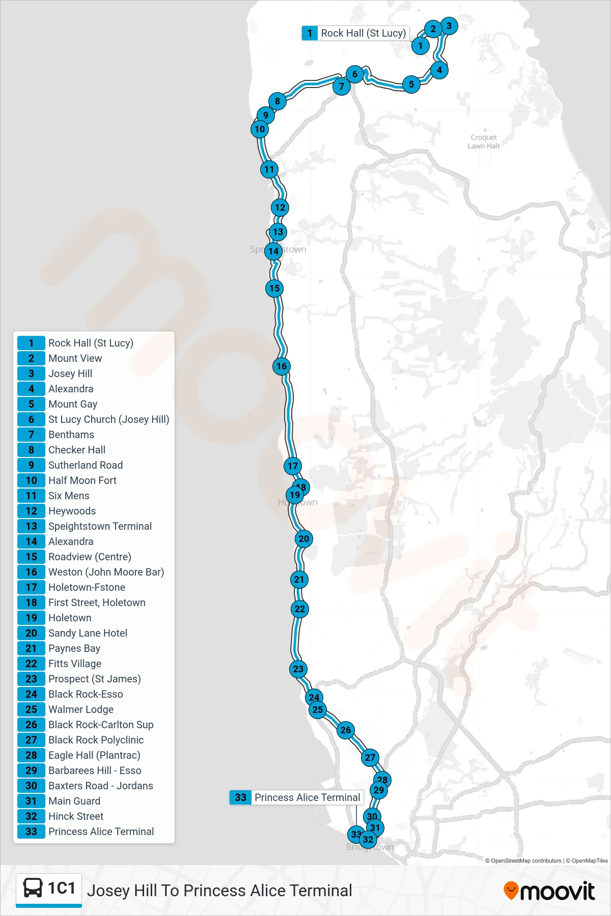 1C1 bus Line (Josey Hill To Princess Alice Terminal) route and stops on a map