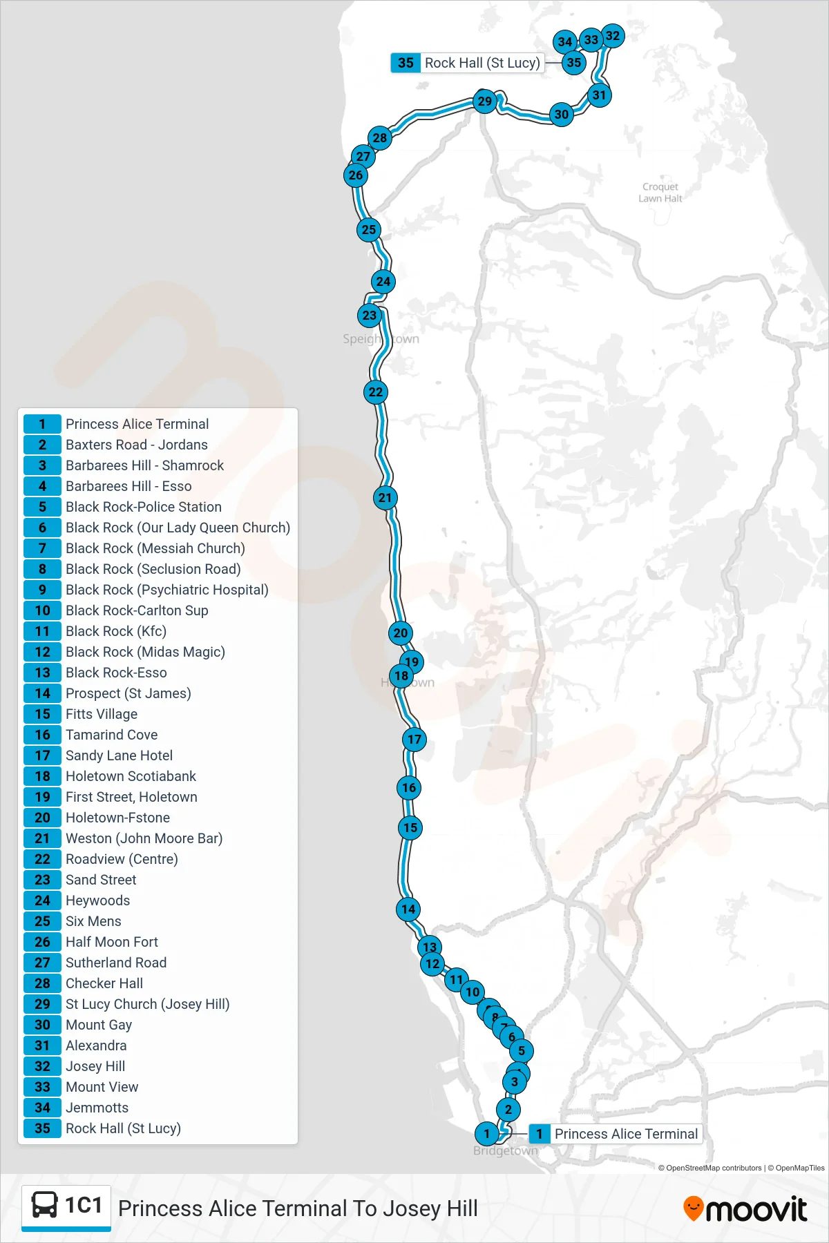 1C1 bus Line (Princess Alice Terminal To Josey Hill) route and stops on a map