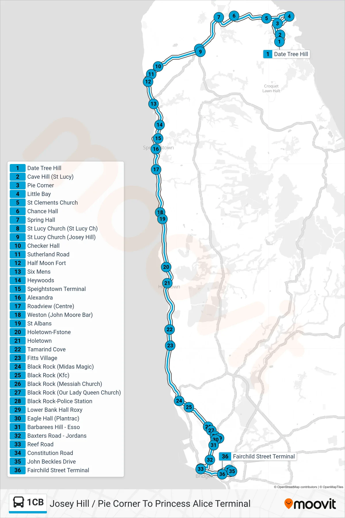 1CB bus Line (Josey Hill / Pie Corner To Princess Alice Terminal) route and stops on a map