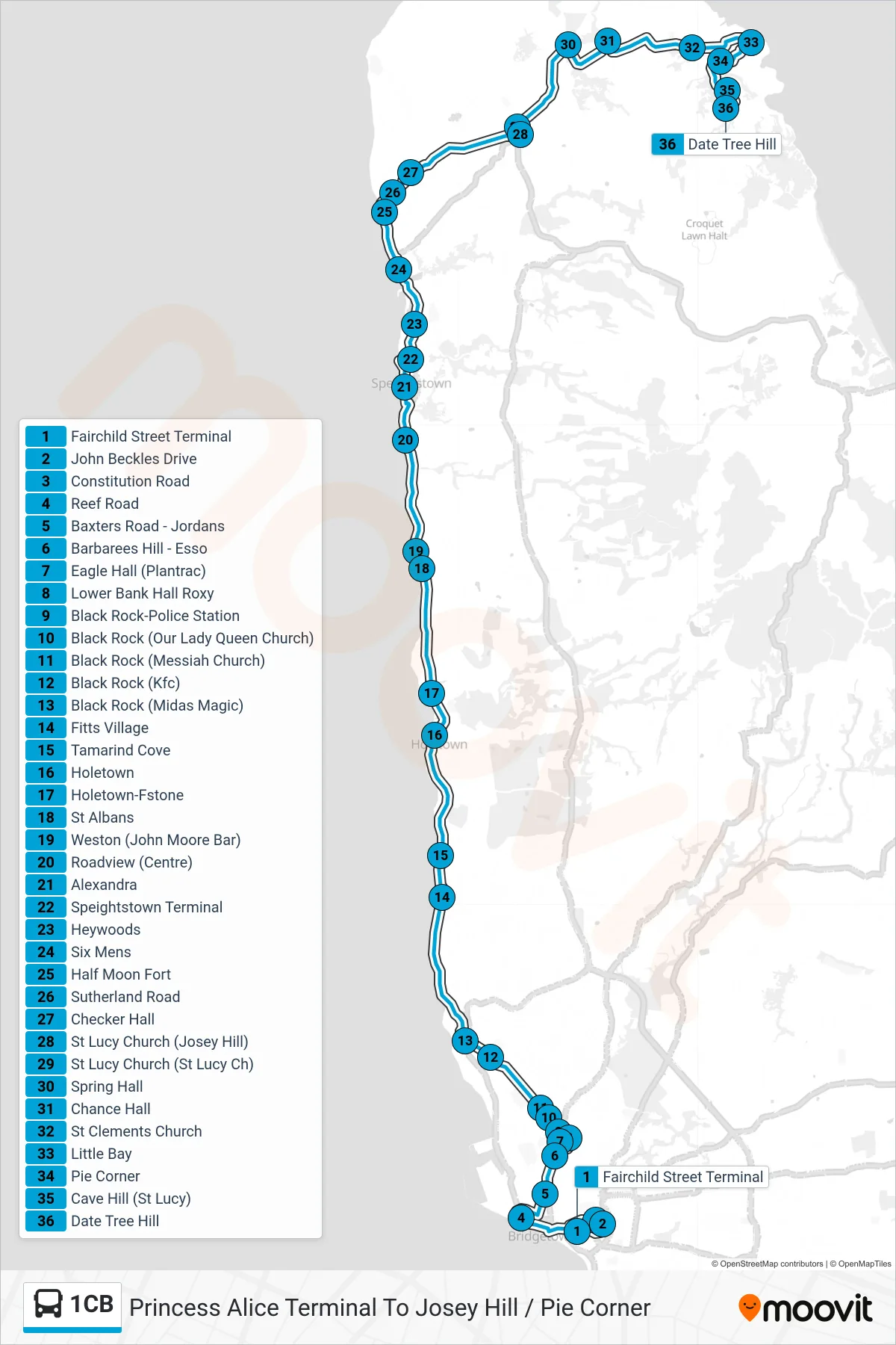 1CB bus Line (Princess Alice Terminal To Josey Hill / Pie Corner) route and stops on a map