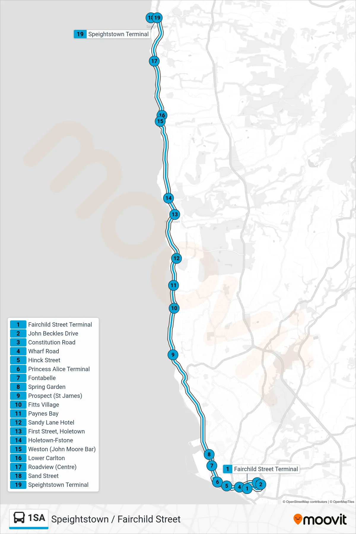 1SA bus Line (Fairchild Street Terminal To Speightstown Terminal) route and stops on a map
