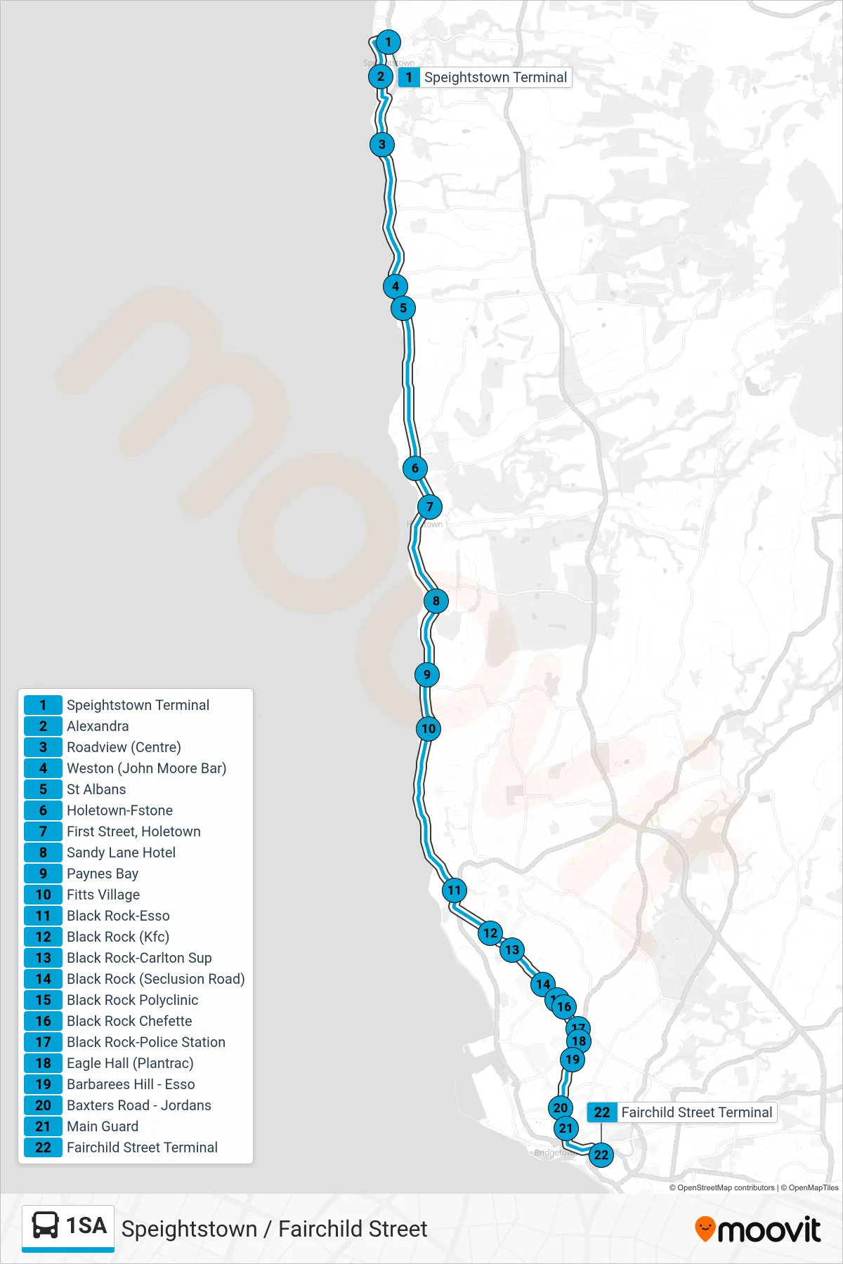 1SA bus Line (Speightstown Terminal To  Fairchild Street Terminal) route and stops on a map