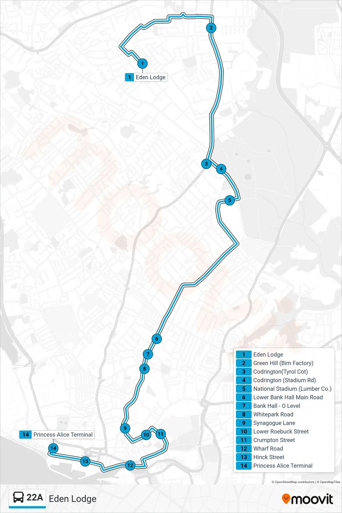 22A bus Line (Eden Lodge To Princess Alice Terminal) route and stops on a map