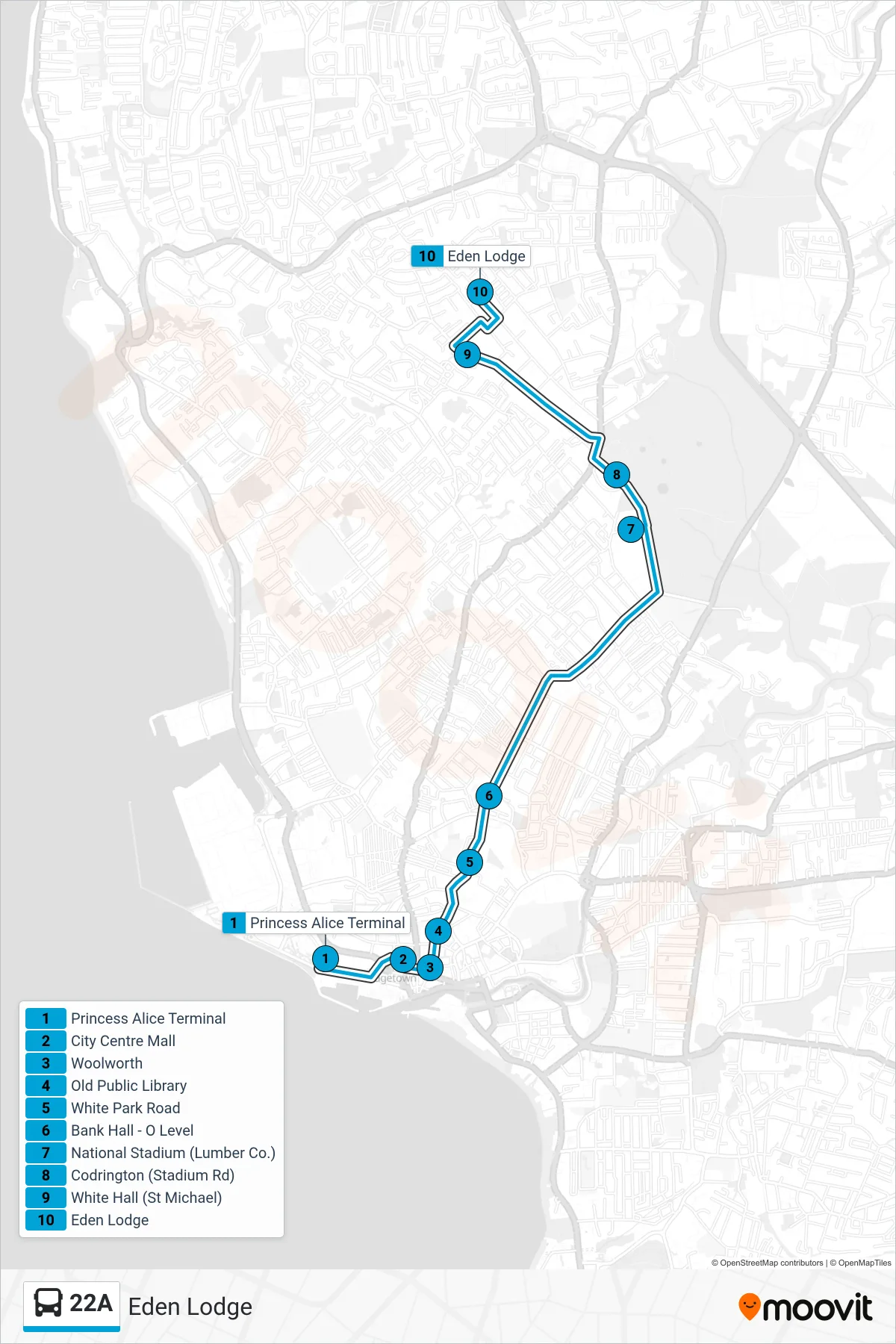 22A bus Line (Princess Alice Terminal To Eden Lodge) route and stops on a map