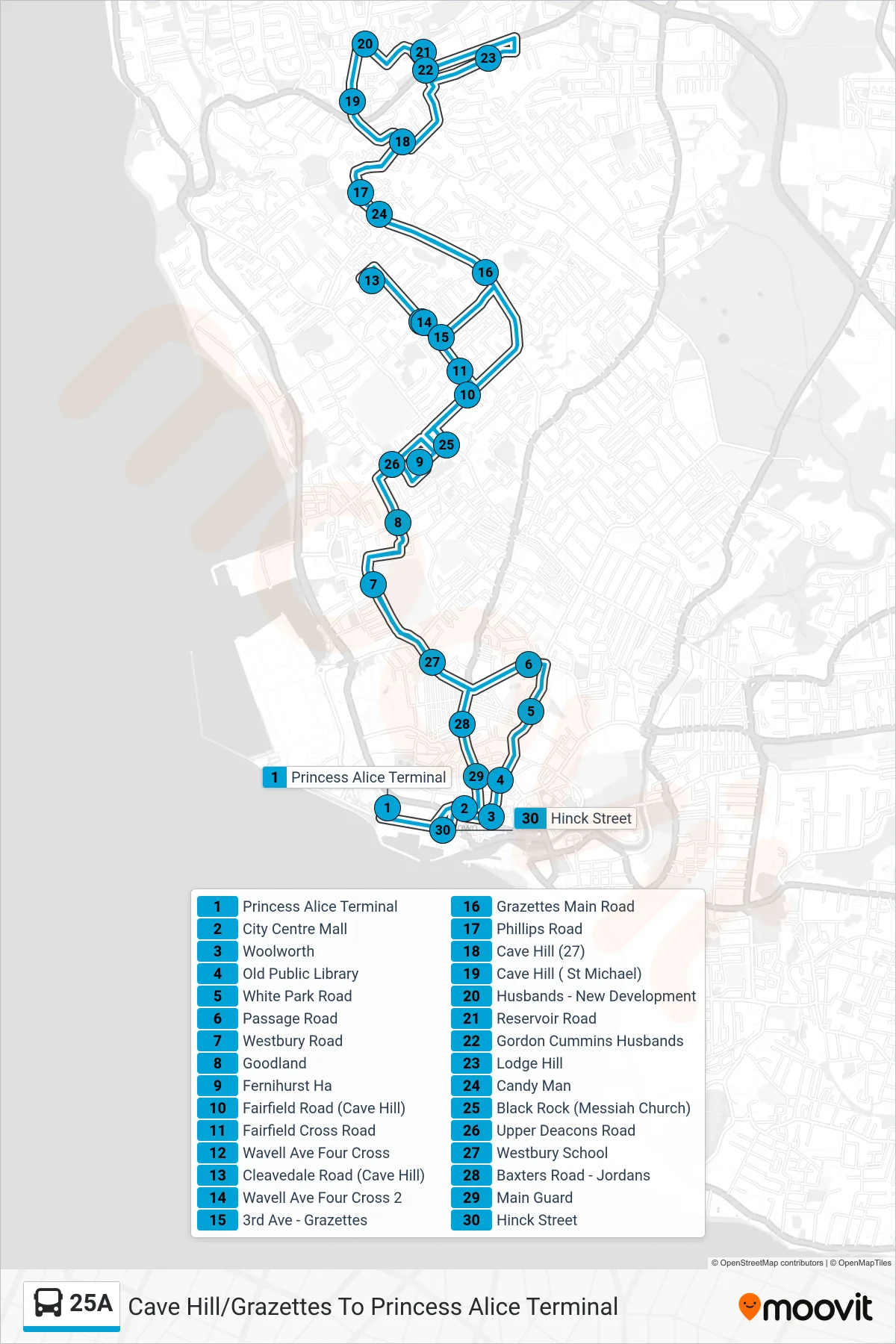 25A bus Line (Cave Hill/Grazettes  To Princess Alice Terminal) route and stops on a map