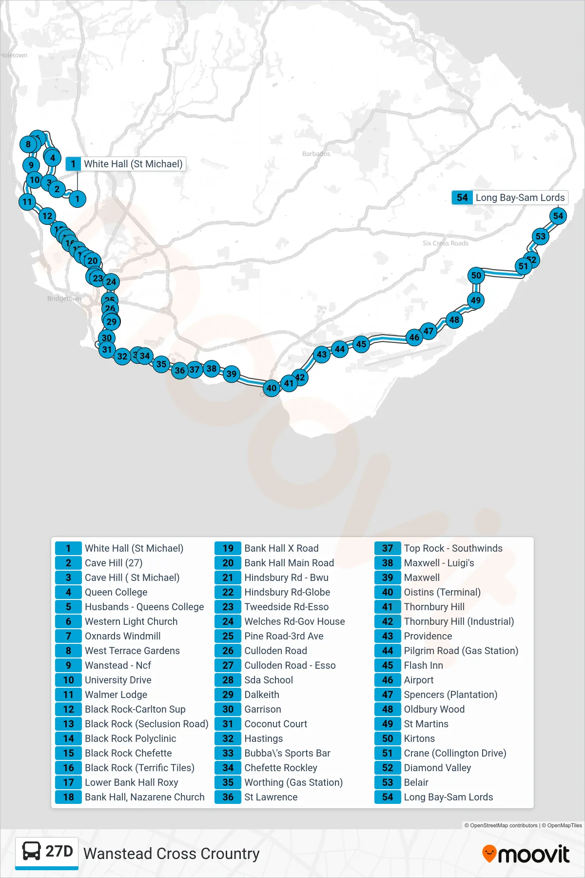 27D bus Line (Wanstead To Sam Lords Castle) route and stops on a map