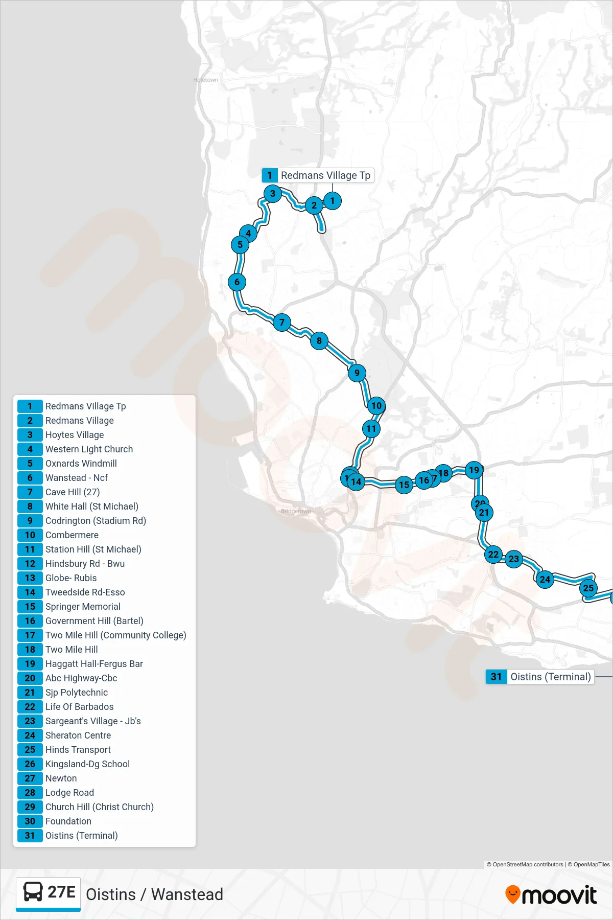 27E bus Line (Redmans Village To Oistins) route and stops on a map