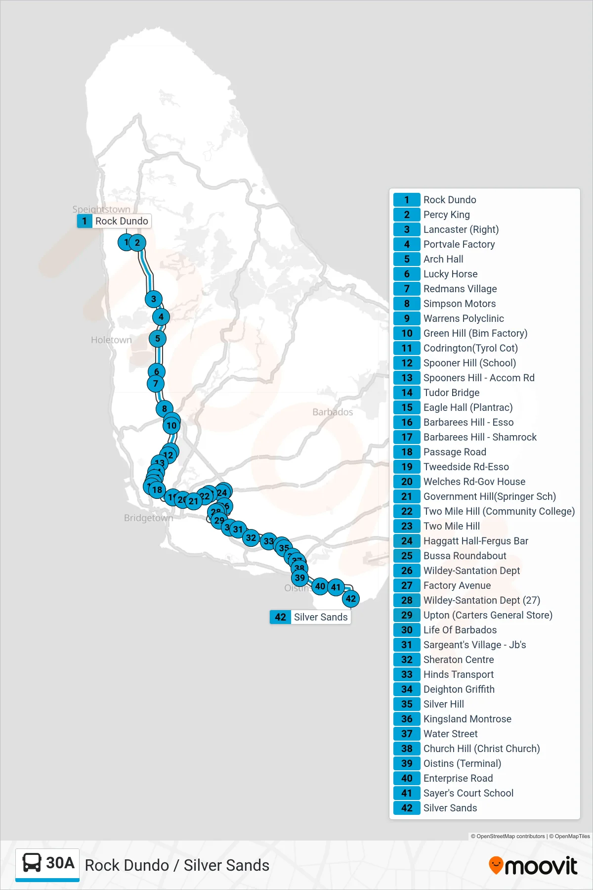 30A bus Line (Rock Dundo To Silver Sands) route and stops on a map
