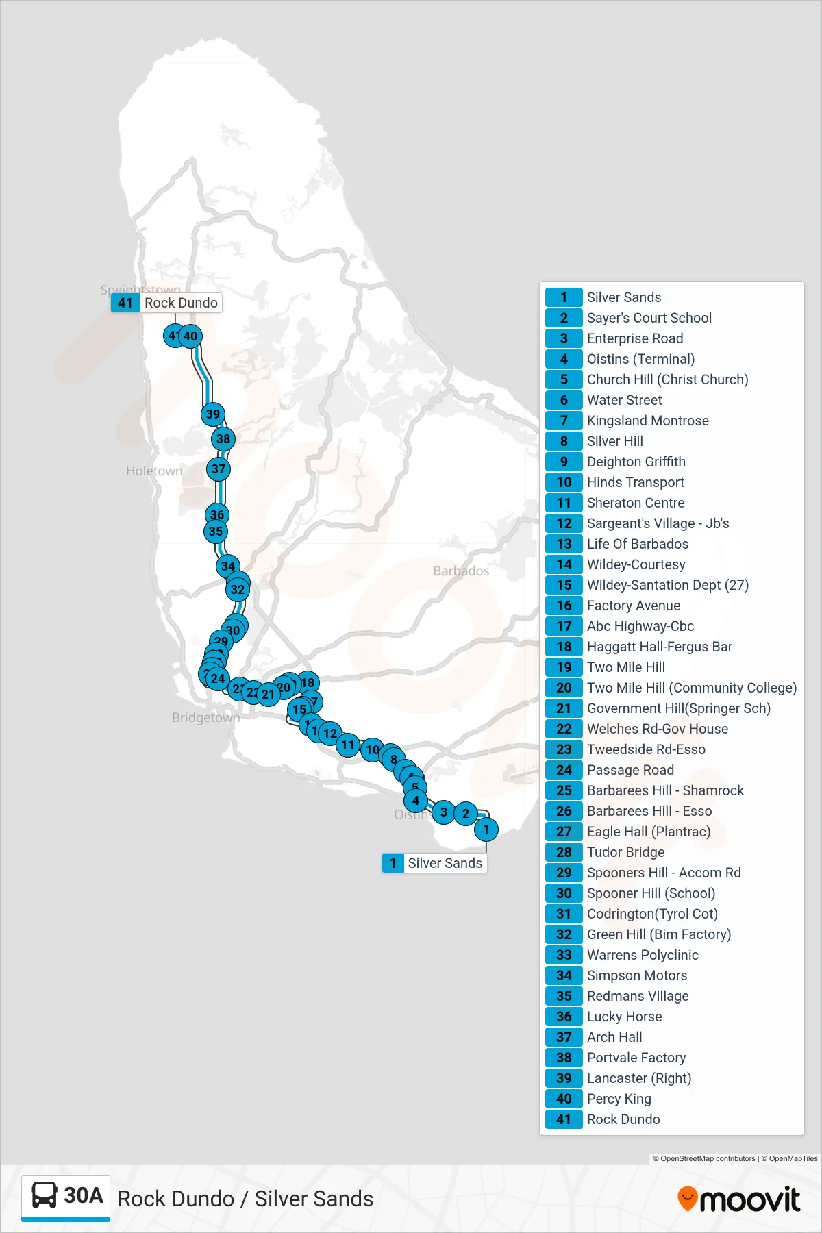 30A bus Line (Silver Sands To Rock Dundo) route and stops on a map
