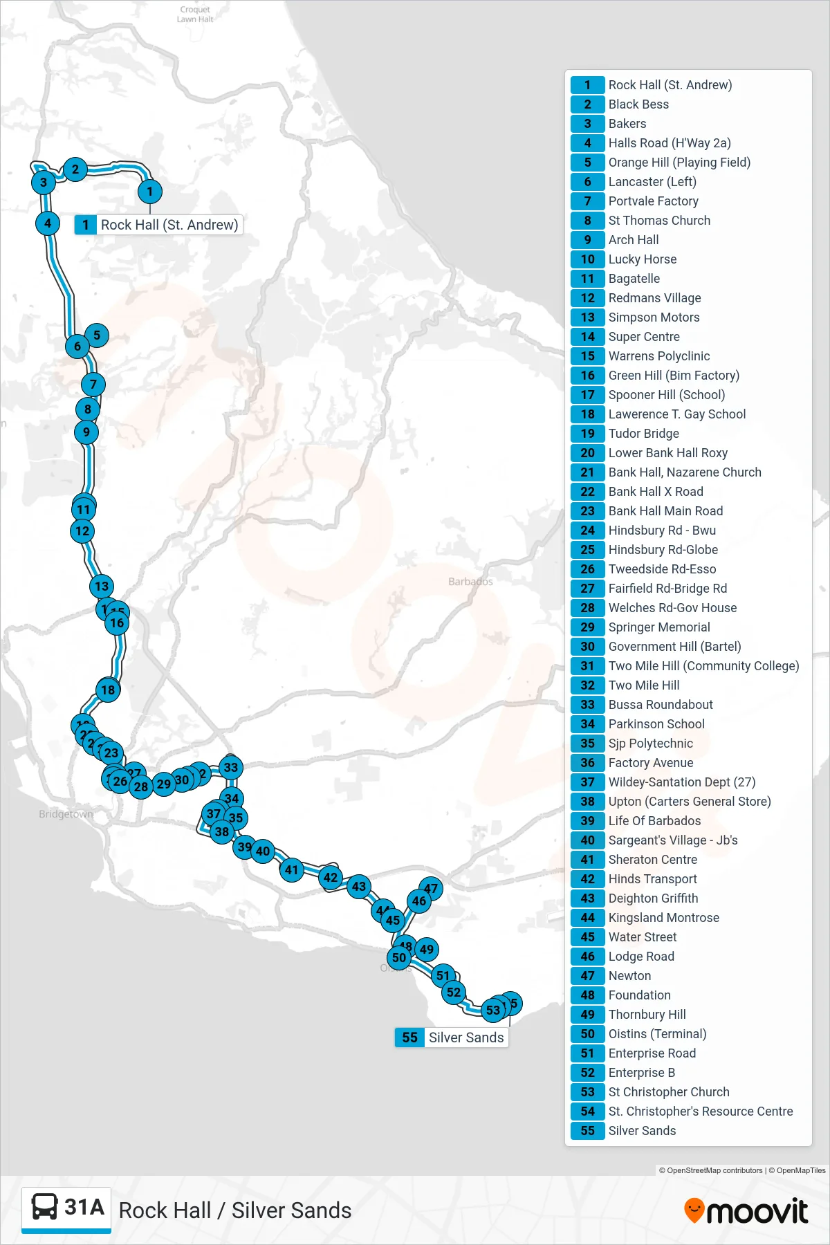 31A bus Line (Rock Hall To Oistins) route and stops on a map