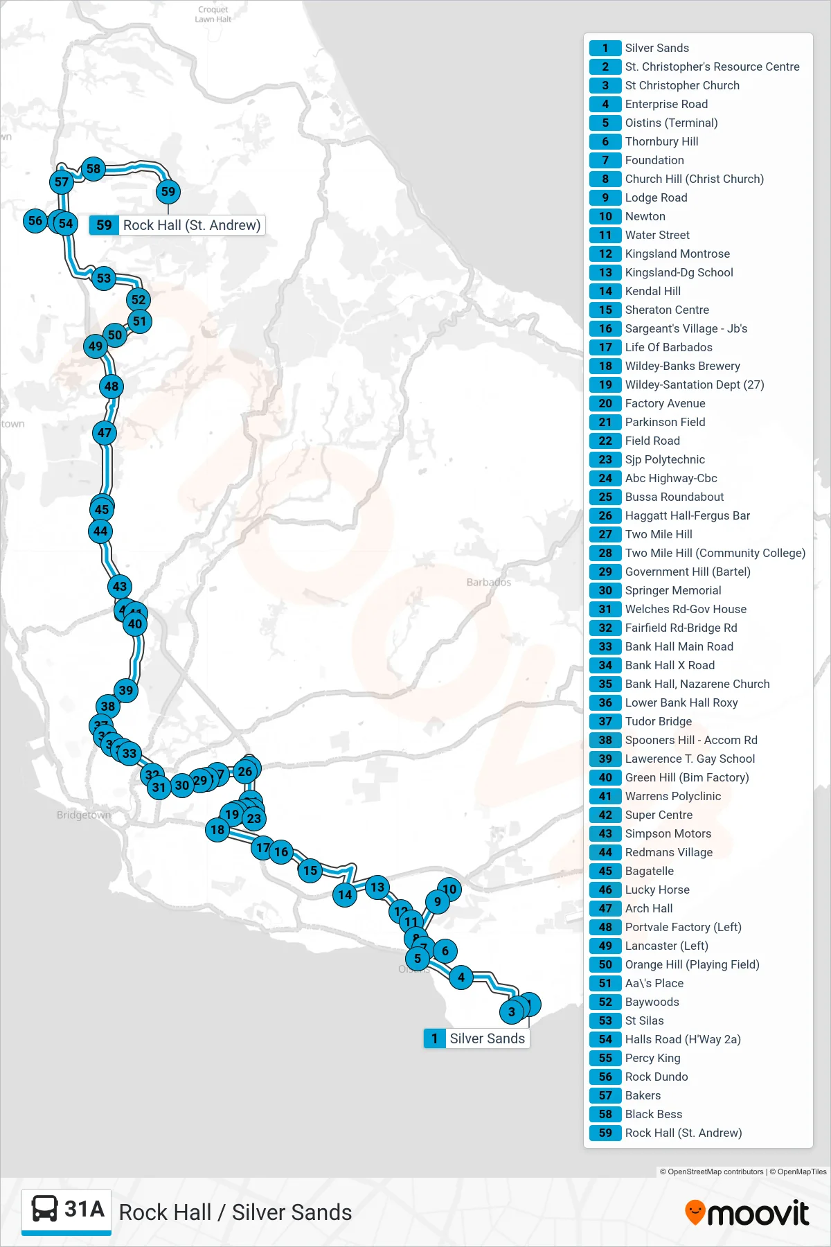 31A bus Line (Oistins To Rock Hall) route and stops on a map