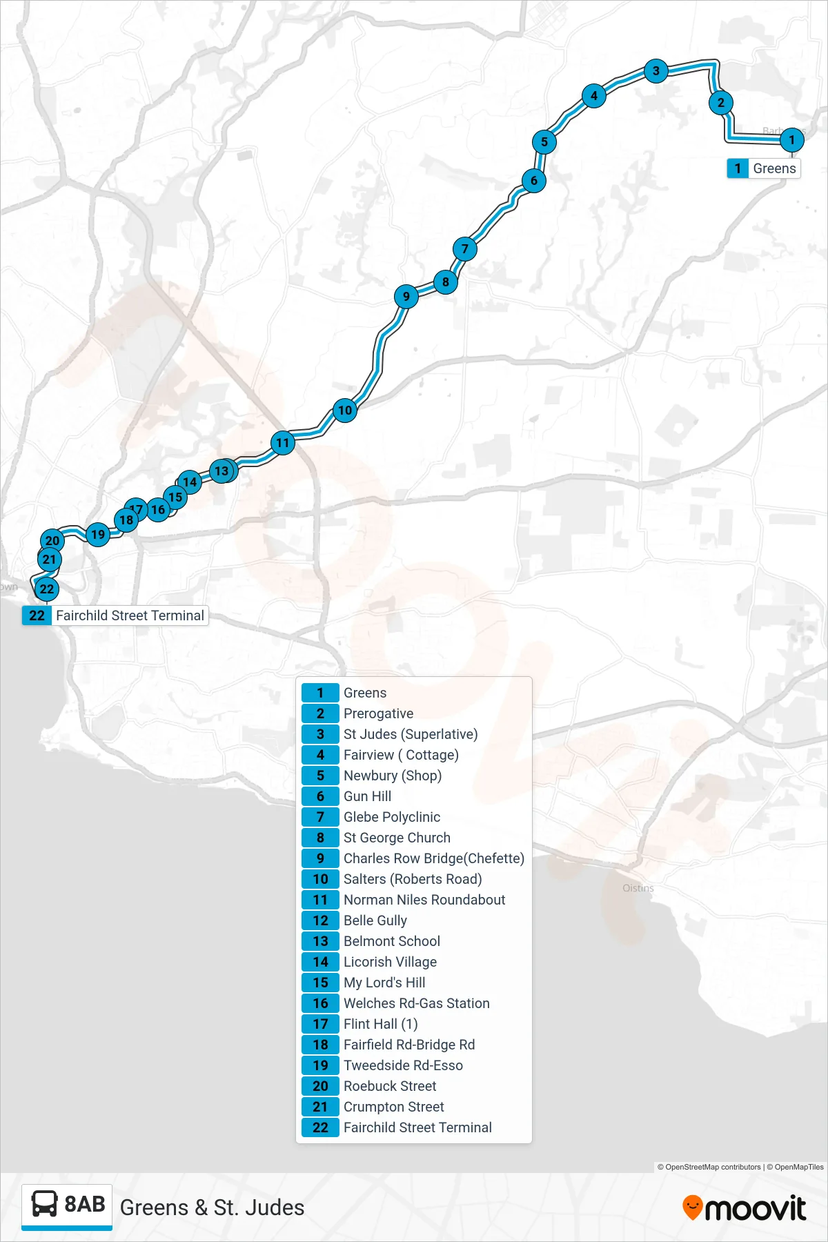 8AB bus Line (Greens & St. Judes To Fairchild Street Terminal) route and stops on a map