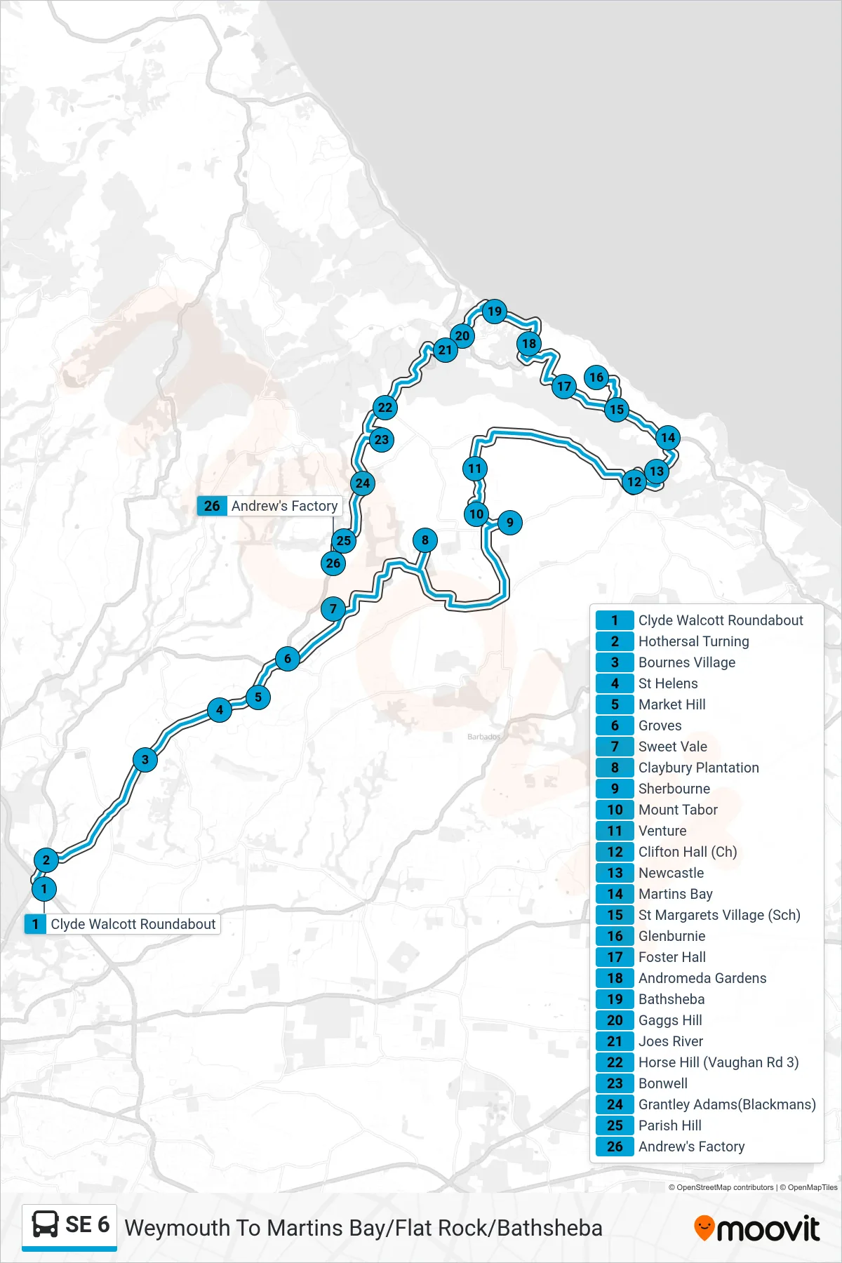 SE 6 bus Line (Weymouth To Martins Bay/Flat Rock/Bathsheba) route and stops on a map