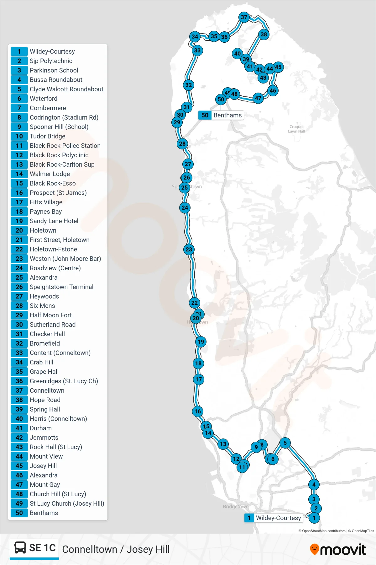 SE 1C bus Line (Weymouth To Connelltown/Josey Hill) route and stops on a map