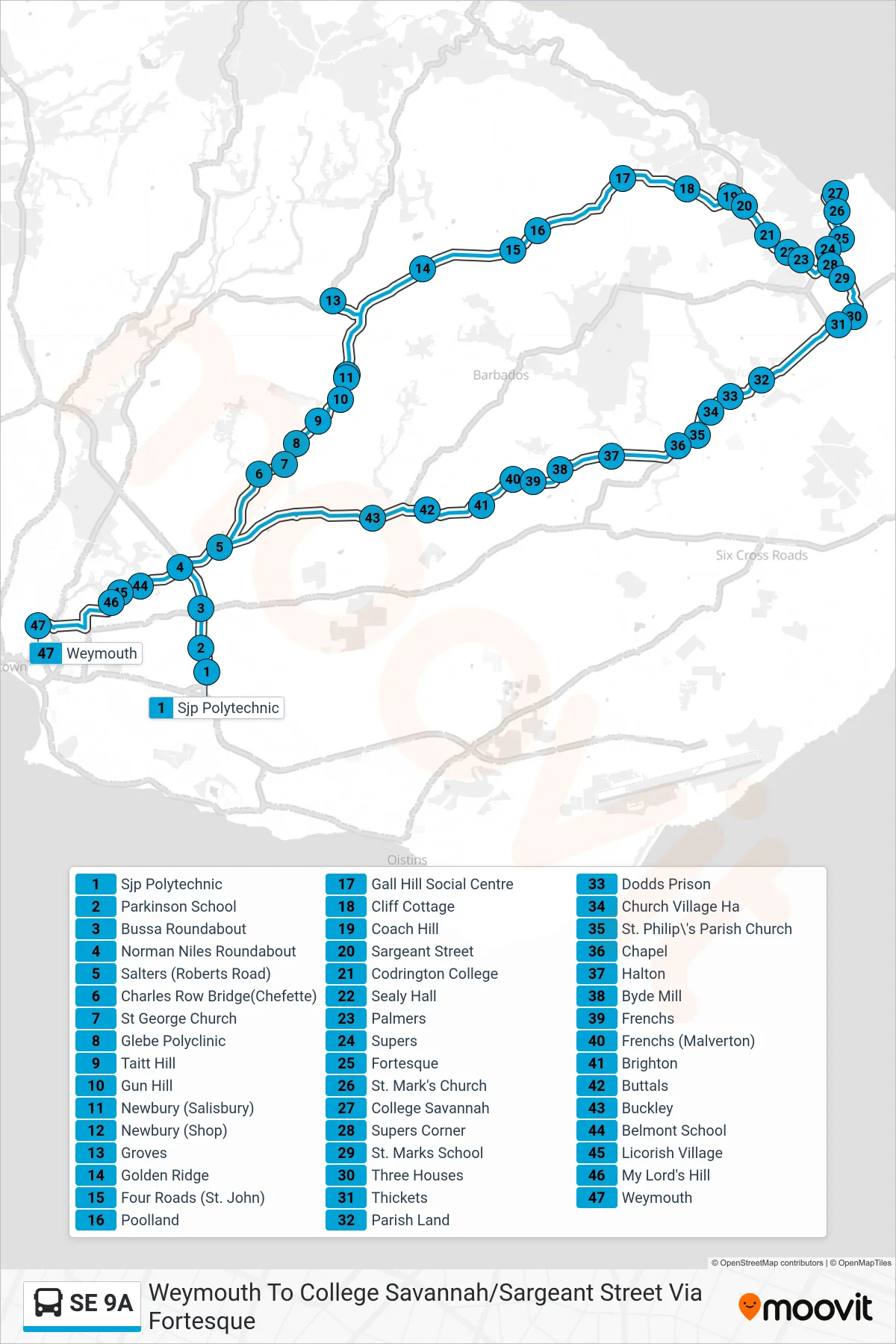 SE 9A bus Line (Weymouth To College Savannah/Sargeant Street Via Fortesque) route and stops on a map