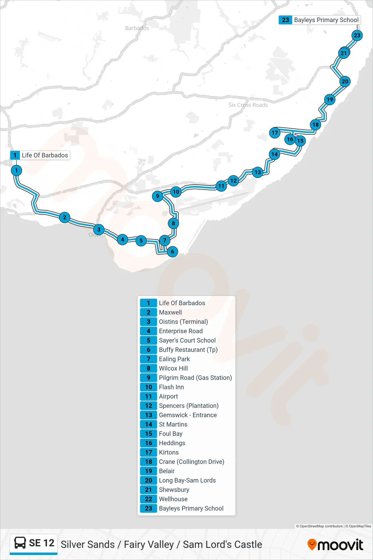 SE 12 bus Line (Weymouth To Sliver Sands/Fairy Valley/Sam Lord's Castle) route and stops on a map