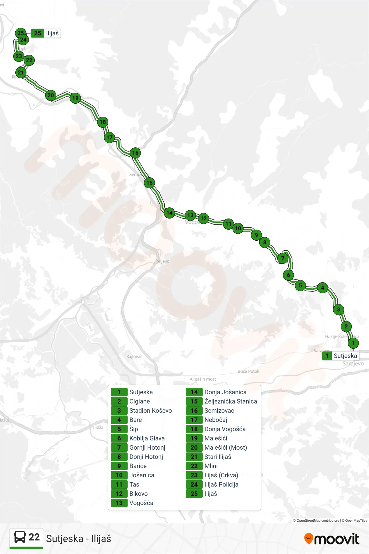 22 bus Line (Sutjeska - Ilijaš) route and stops on a map