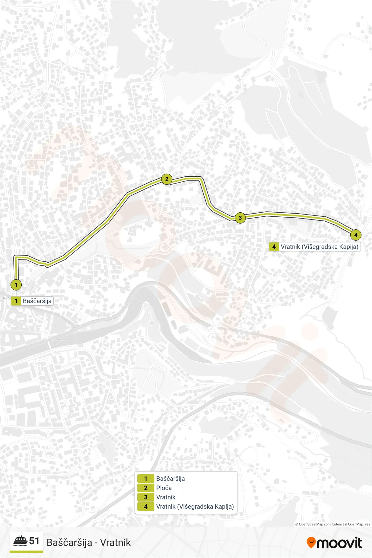 51 ferry Line (Baščaršija - Vratnik) route and stops on a map