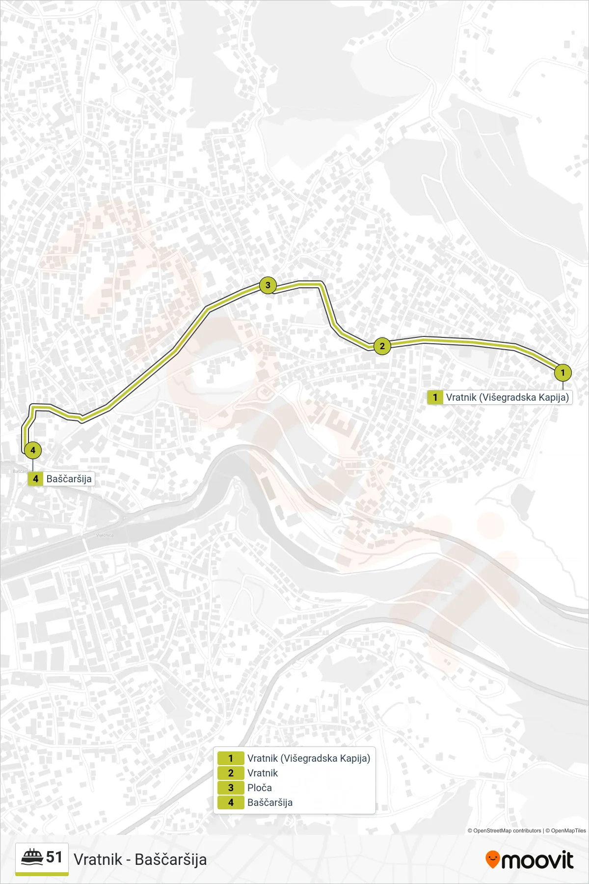 51 ferry Line (Vratnik - Baščaršija) route and stops on a map