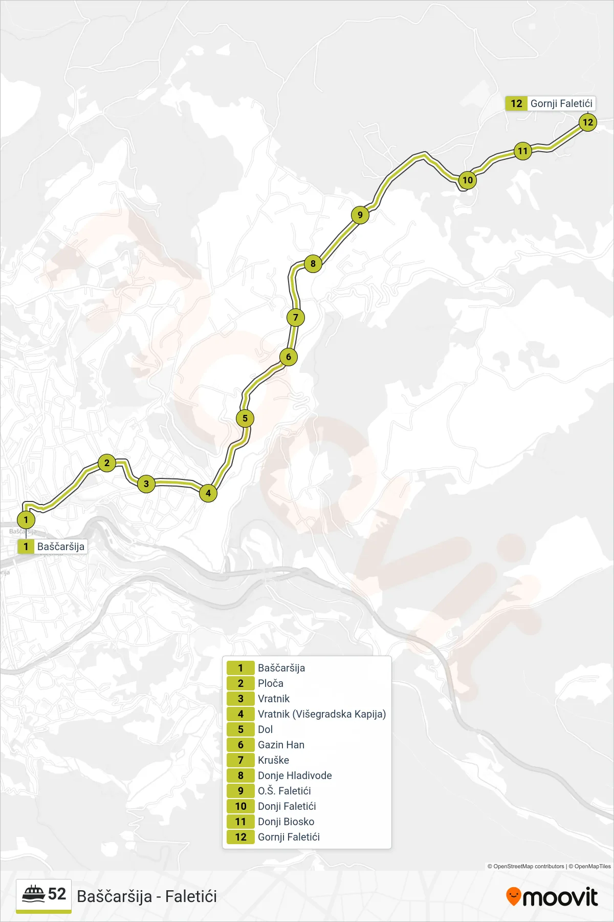 52 ferry Line (Baščaršija - Faletići) route and stops on a map
