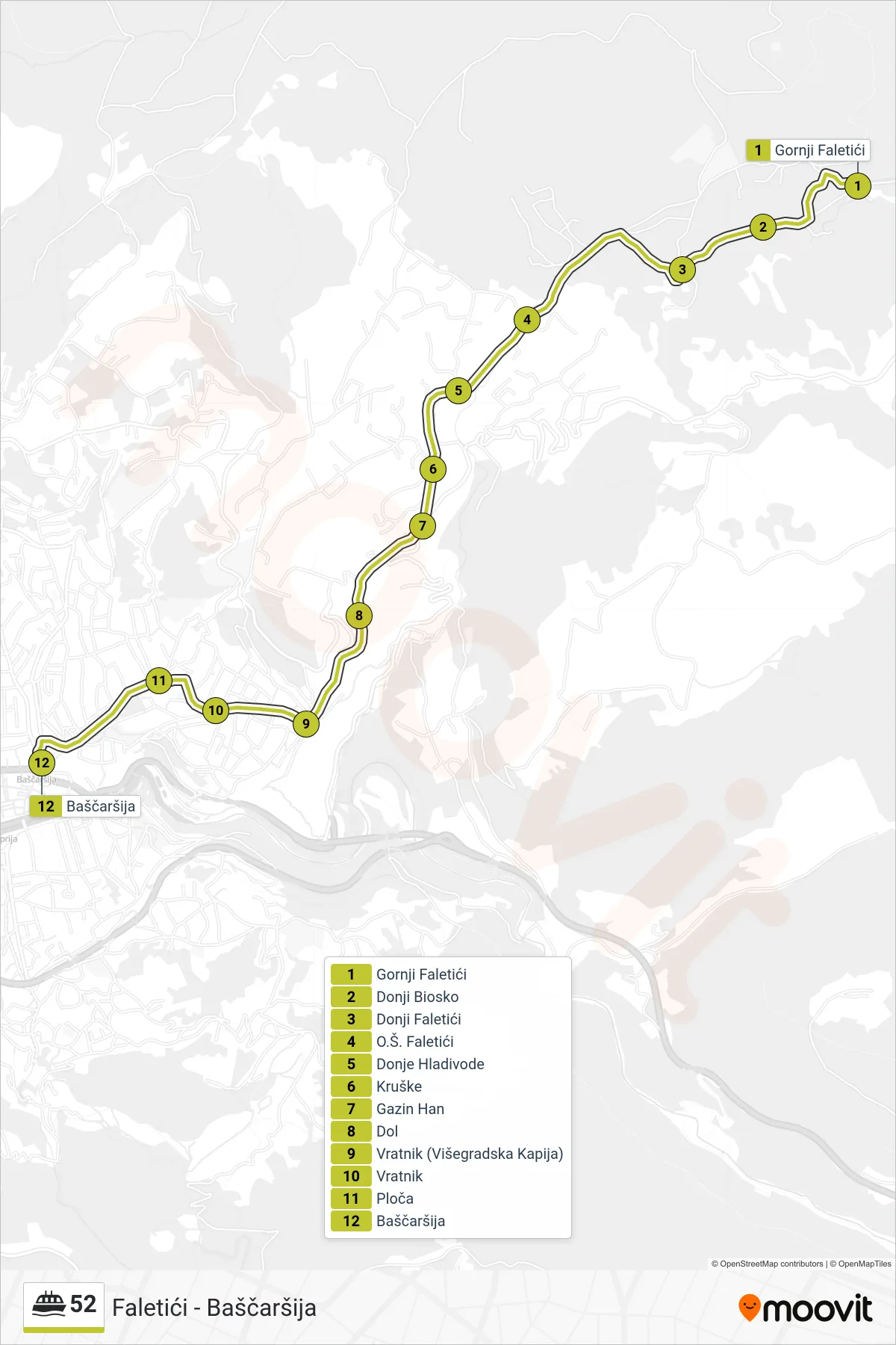 52 minibus Line (Faletići - Baščaršija) route and stops on a map