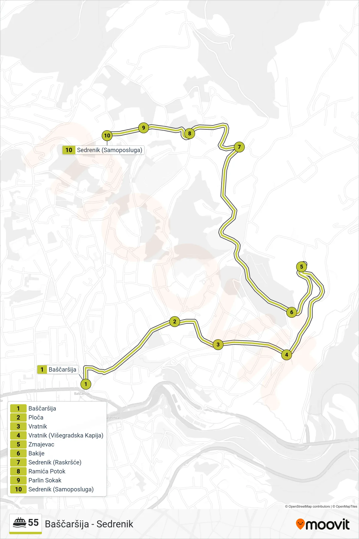 55 ferry Line (Baščaršija - Sedrenik) route and stops on a map