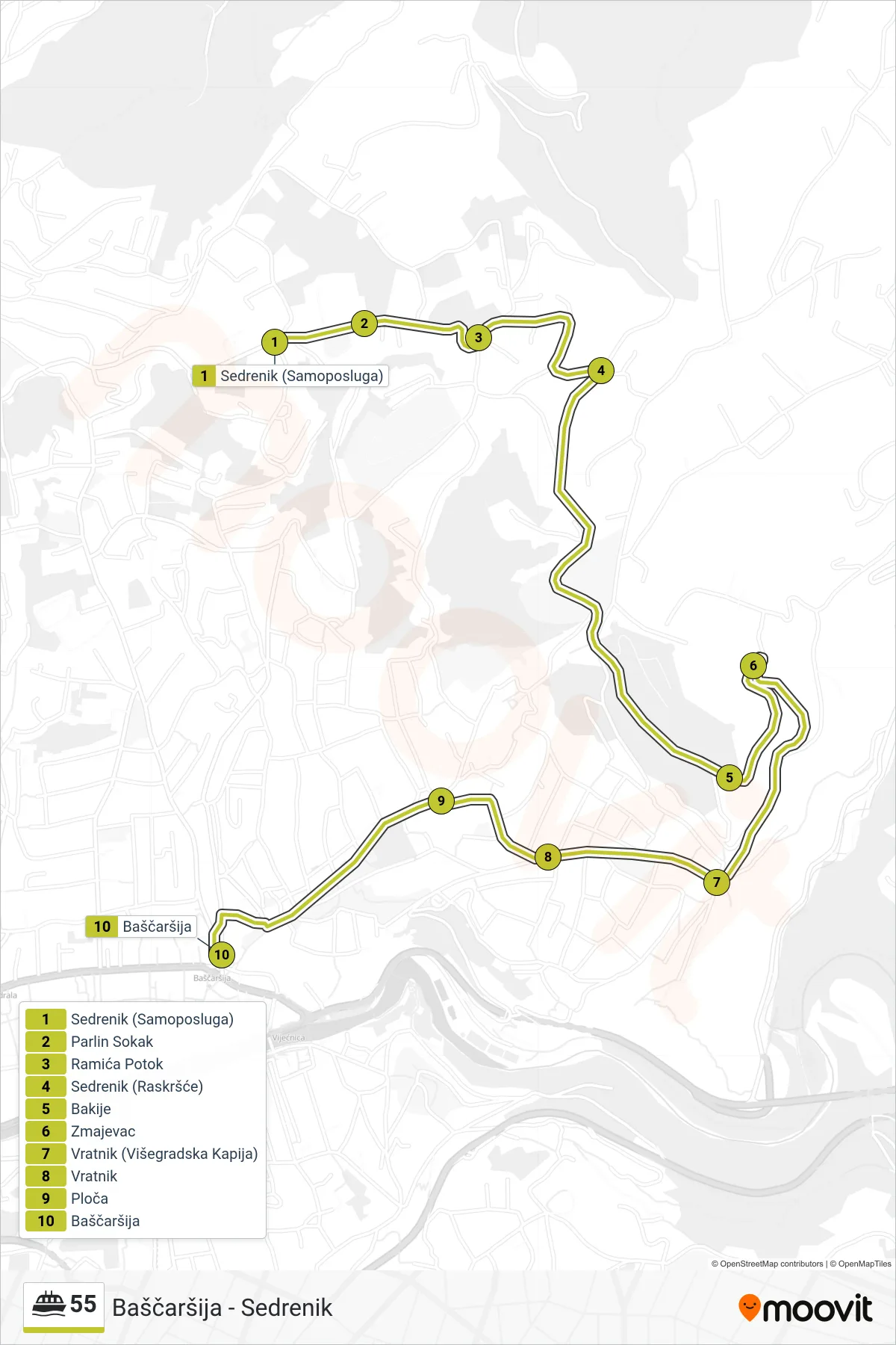 55 ferry Line (Sedrenik - Baščaršija) route and stops on a map