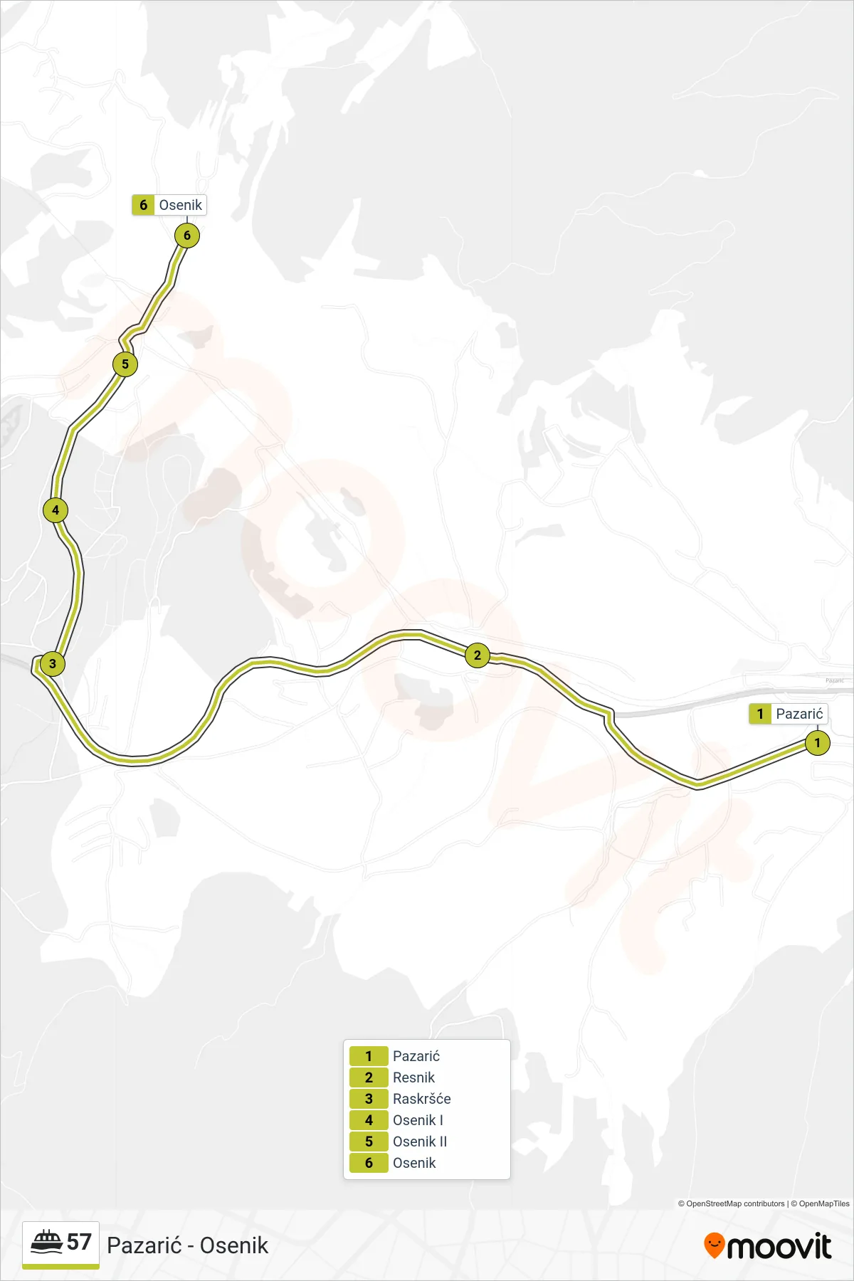 57 ferry Line (Pazarić - Osenik) route and stops on a map
