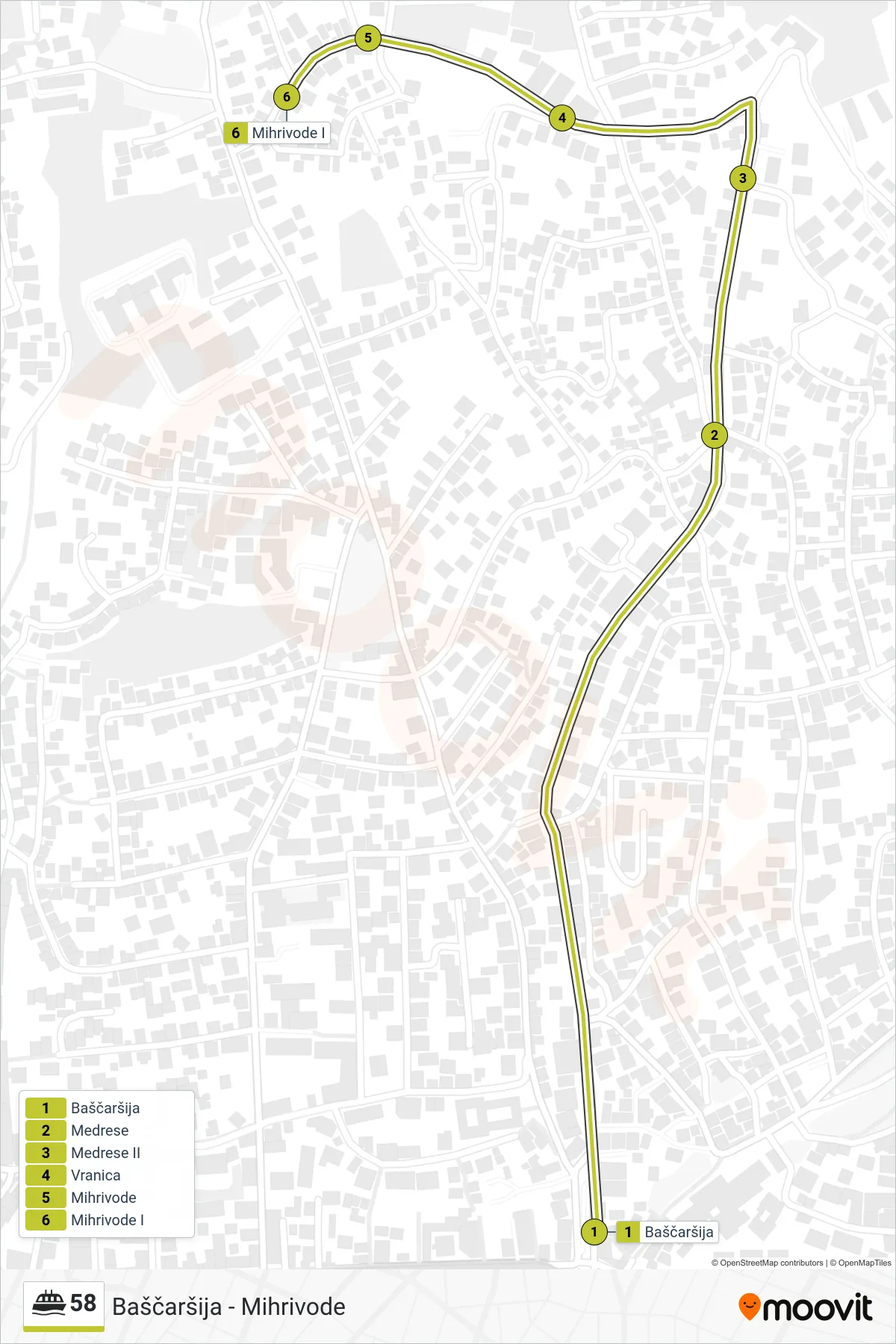 58 ferry Line (Baščaršija - Mihrivode) route and stops on a map