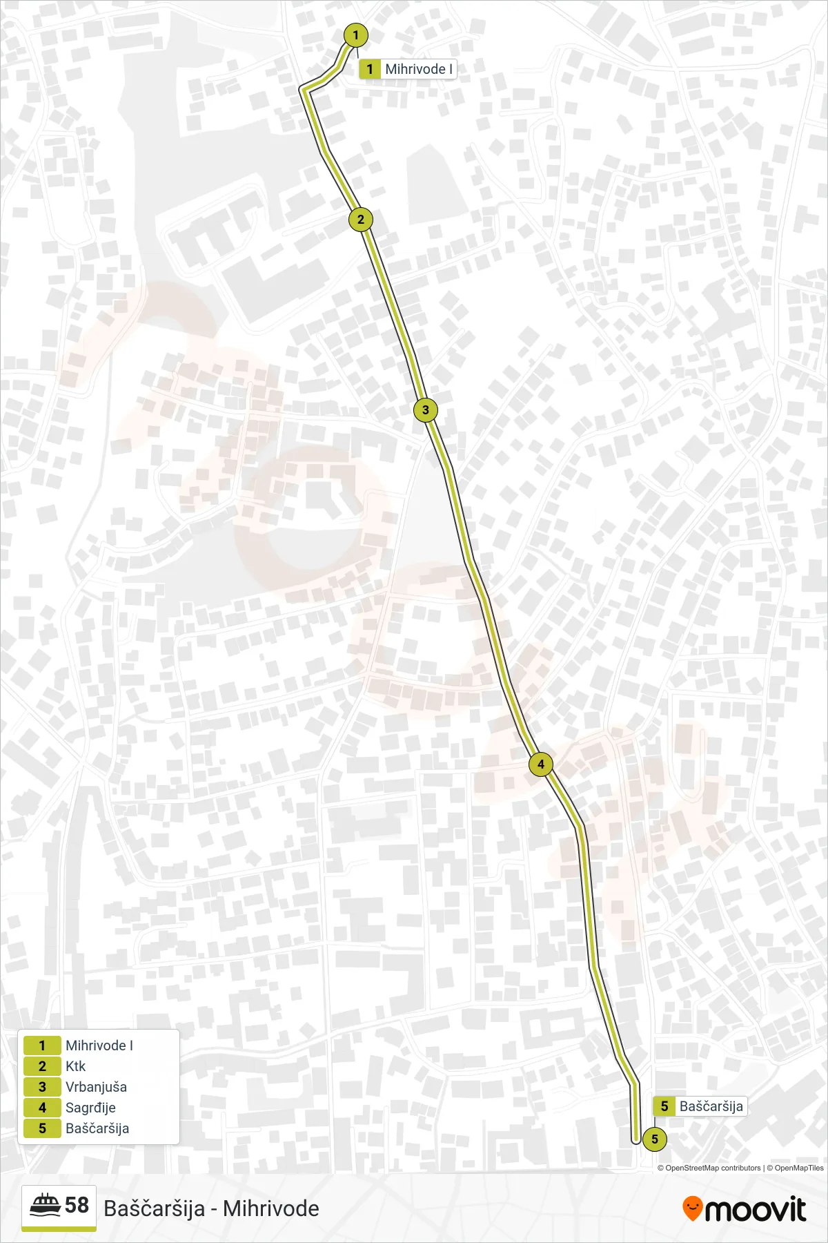58 ferry Line (Mihrivode - Baščaršija) route and stops on a map
