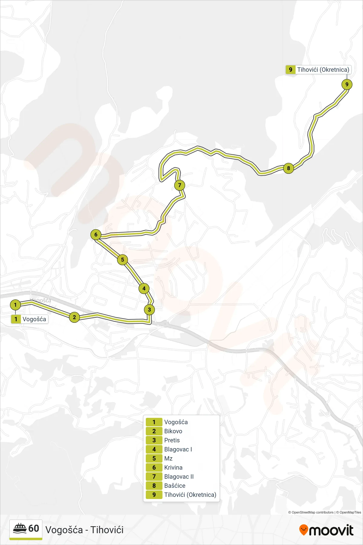 60 ferry Line (Vogošća - Tihovići) route and stops on a map