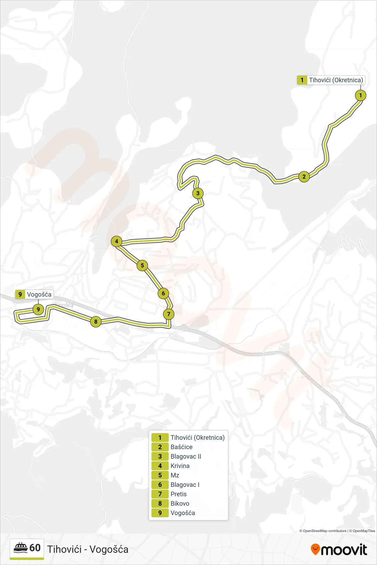 60 ferry Line (Tihovići - Vogošća) route and stops on a map
