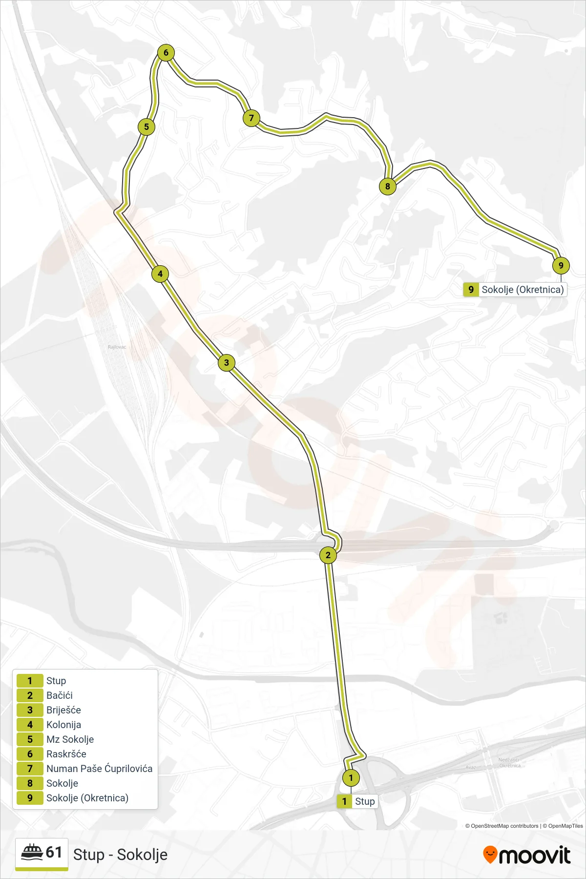 Linija 61 trajekt, (Stup - Sokolje) – trasa i stajališta na mapi