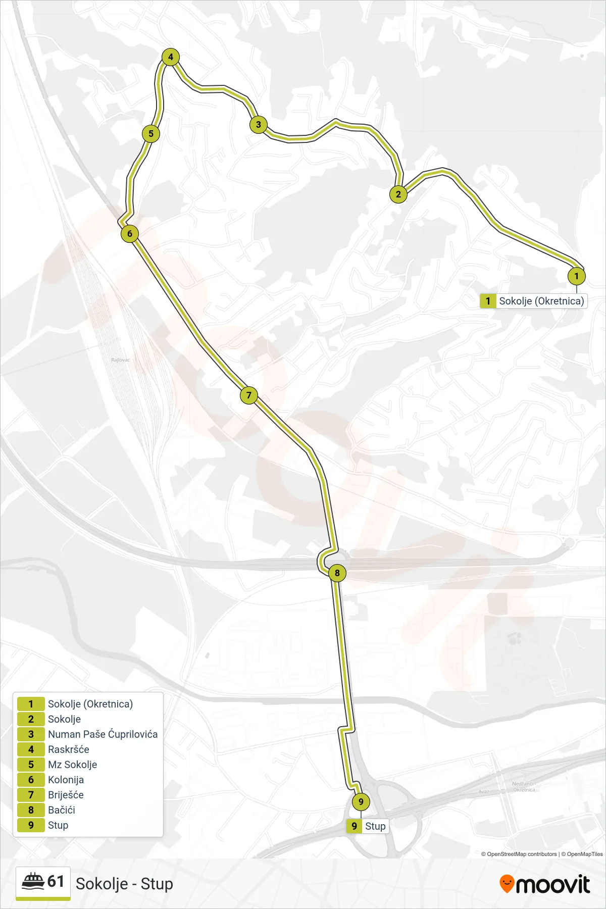 61 ferry Line (Sokolje - Stup) route and stops on a map
