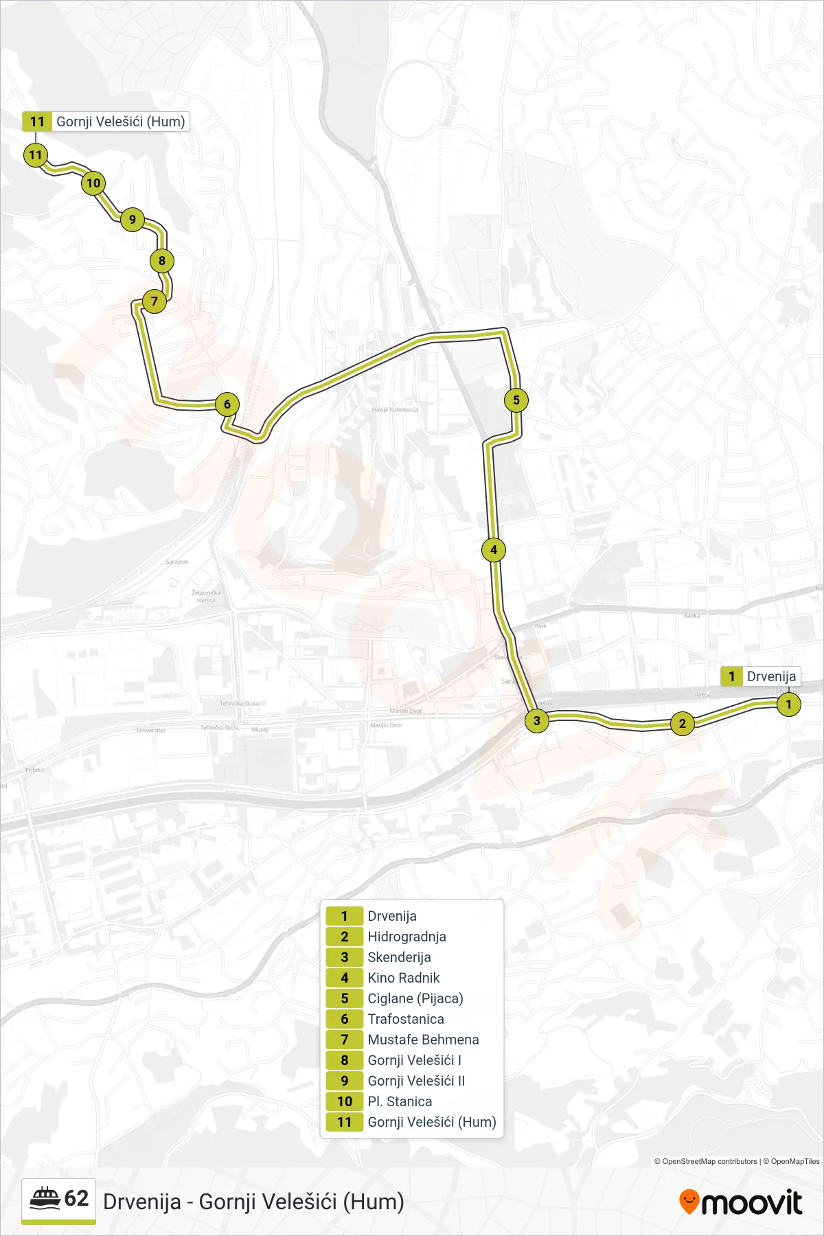 62 ferry Line (Drvenija - Gornji Velešići (Hum)) route and stops on a map
