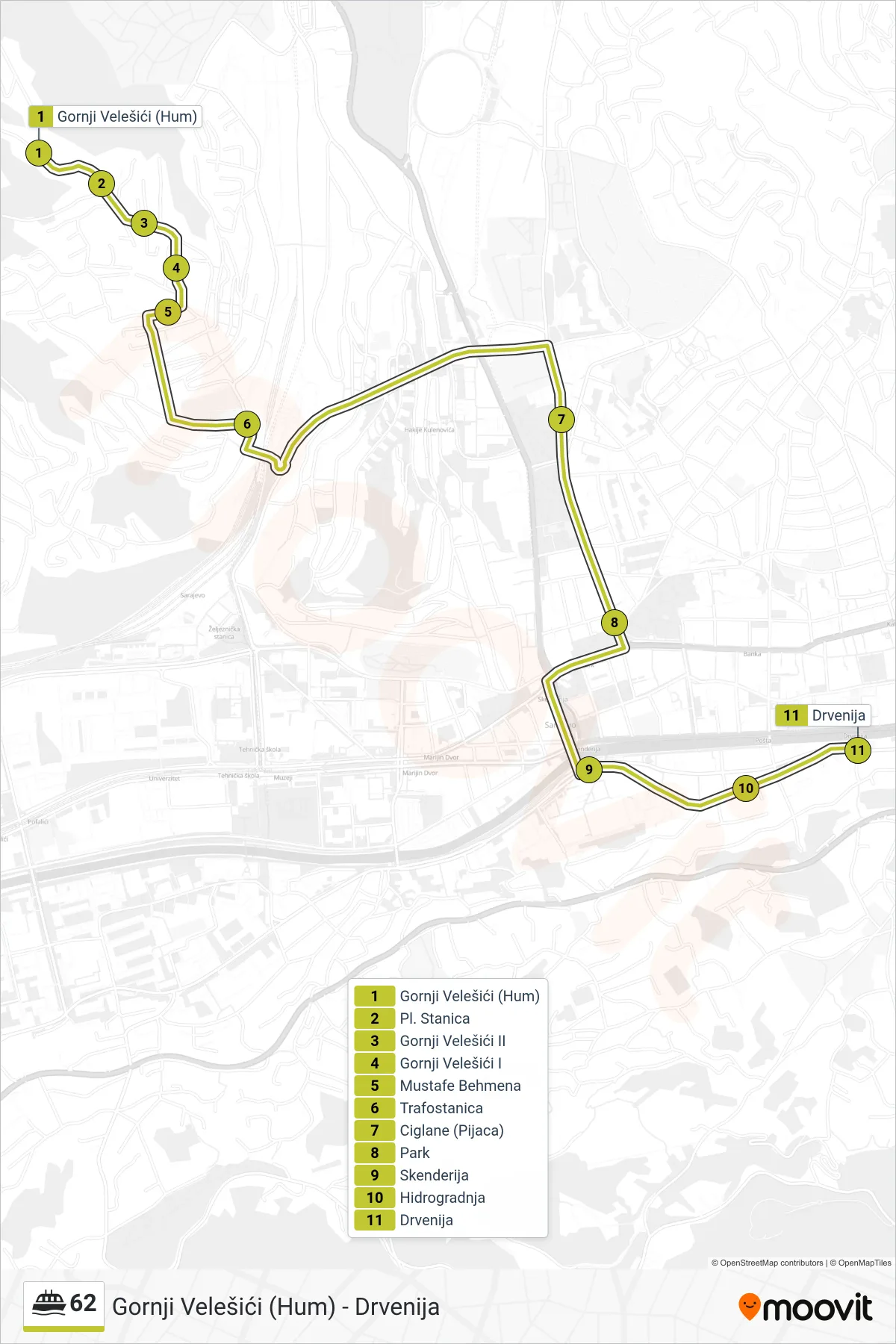 62 ferry Line (Gornji Velešići (Hum) - Drvenija) route and stops on a map