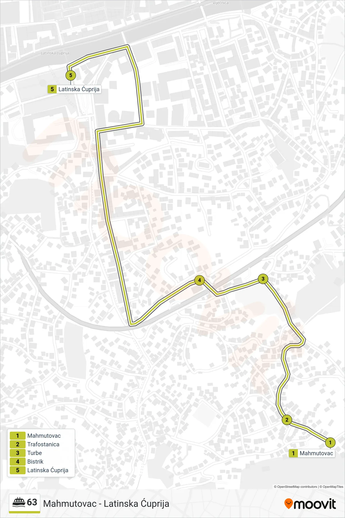 63 ferry Line (Mahmutovac - Latinska Ćuprija) route and stops on a map