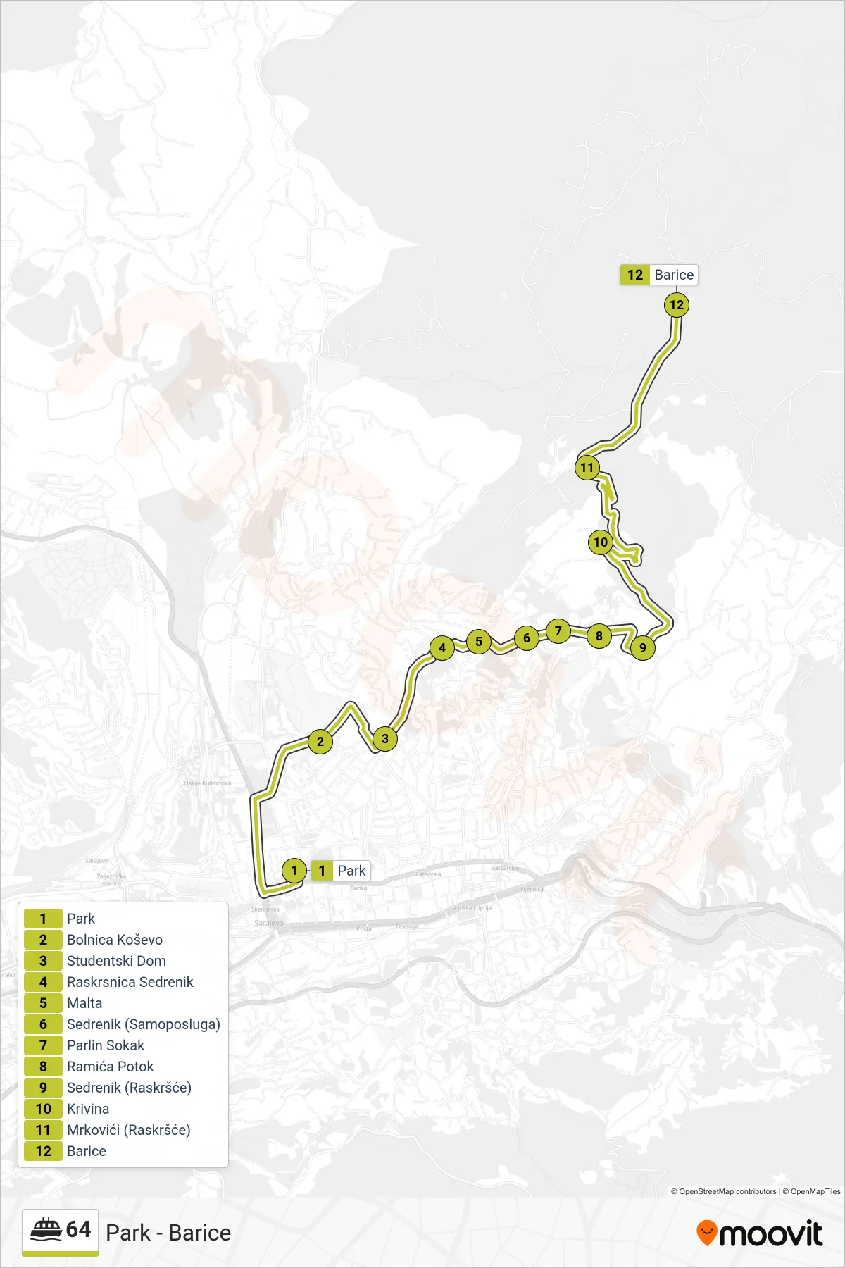 Linija 64 trajekt, (Park - Barice) – trasa i stajališta na mapi