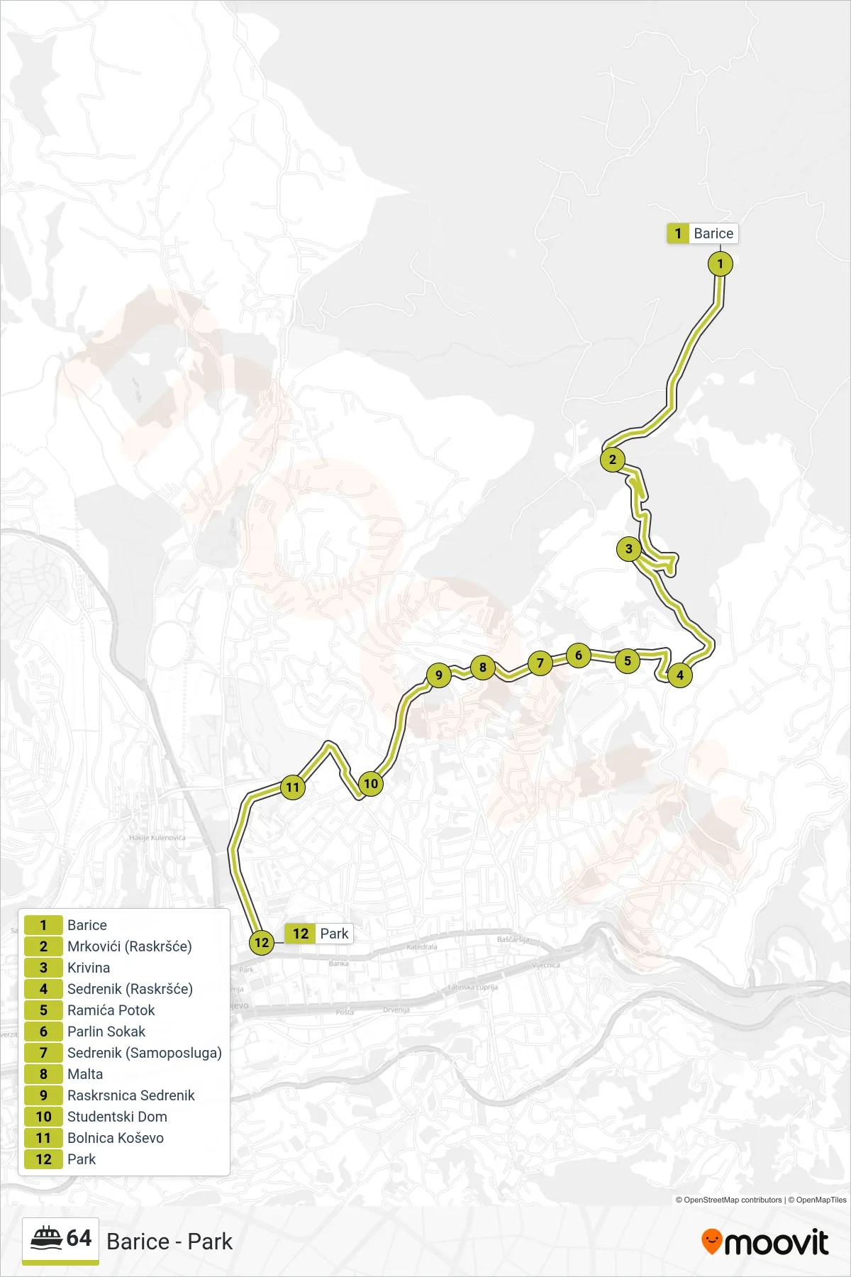 64 minibus Line (Barice - Park) route and stops on a map