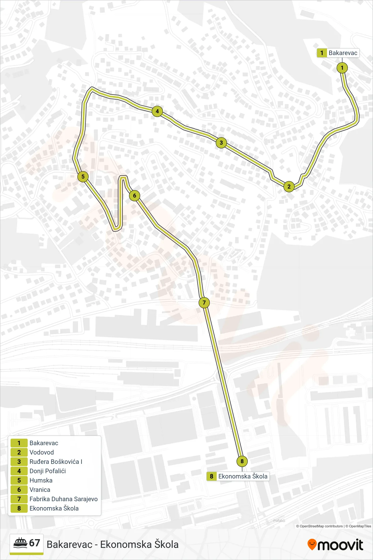 67 ferry Line (Bakarevac - Ekonomska Škola) route and stops on a map