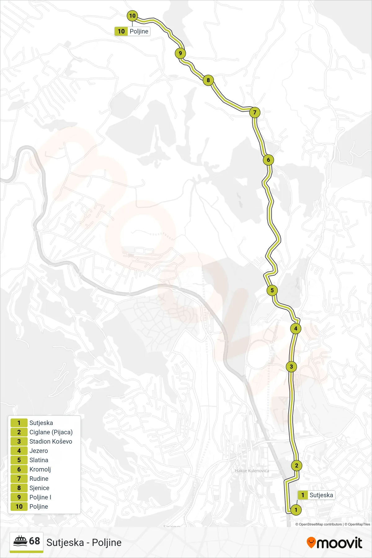 68 ferry Line (Sutjeska - Poljine) route and stops on a map