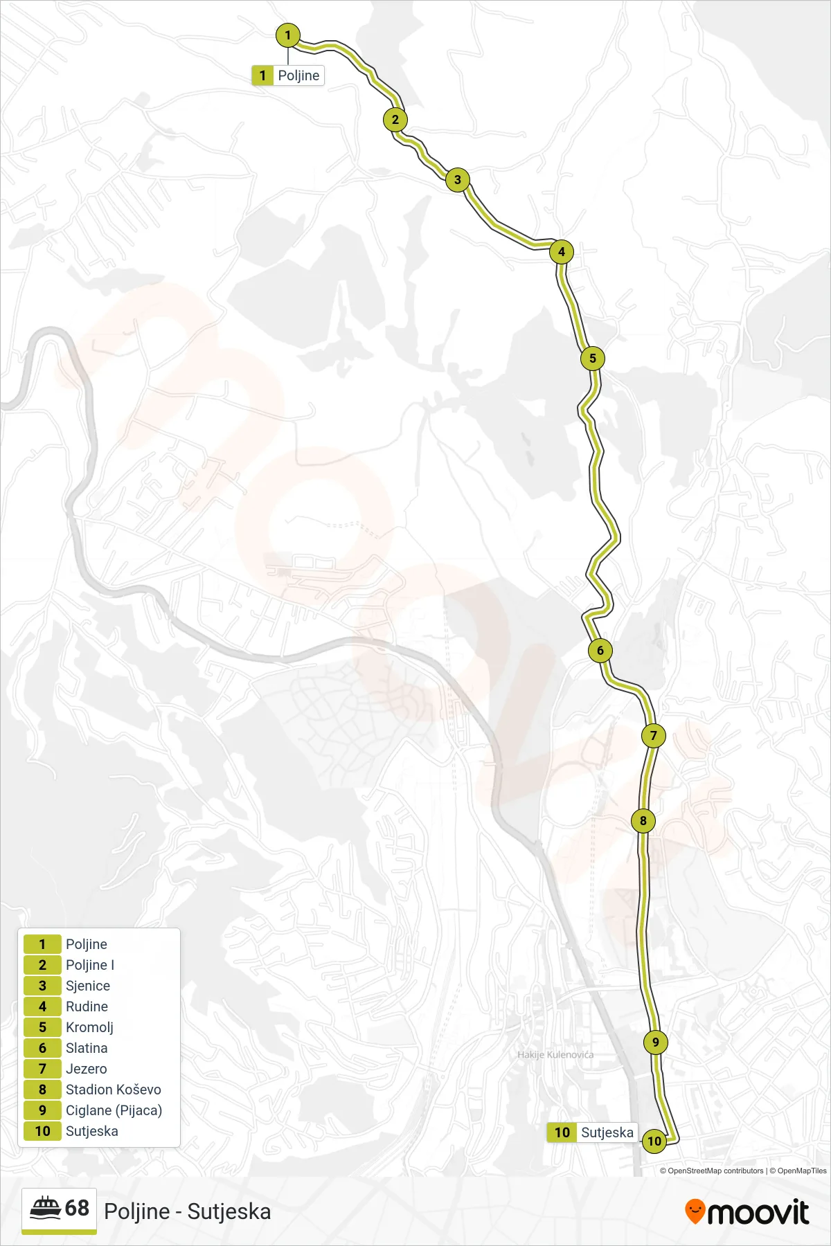 68 ferry Line (Poljine - Sutjeska) route and stops on a map