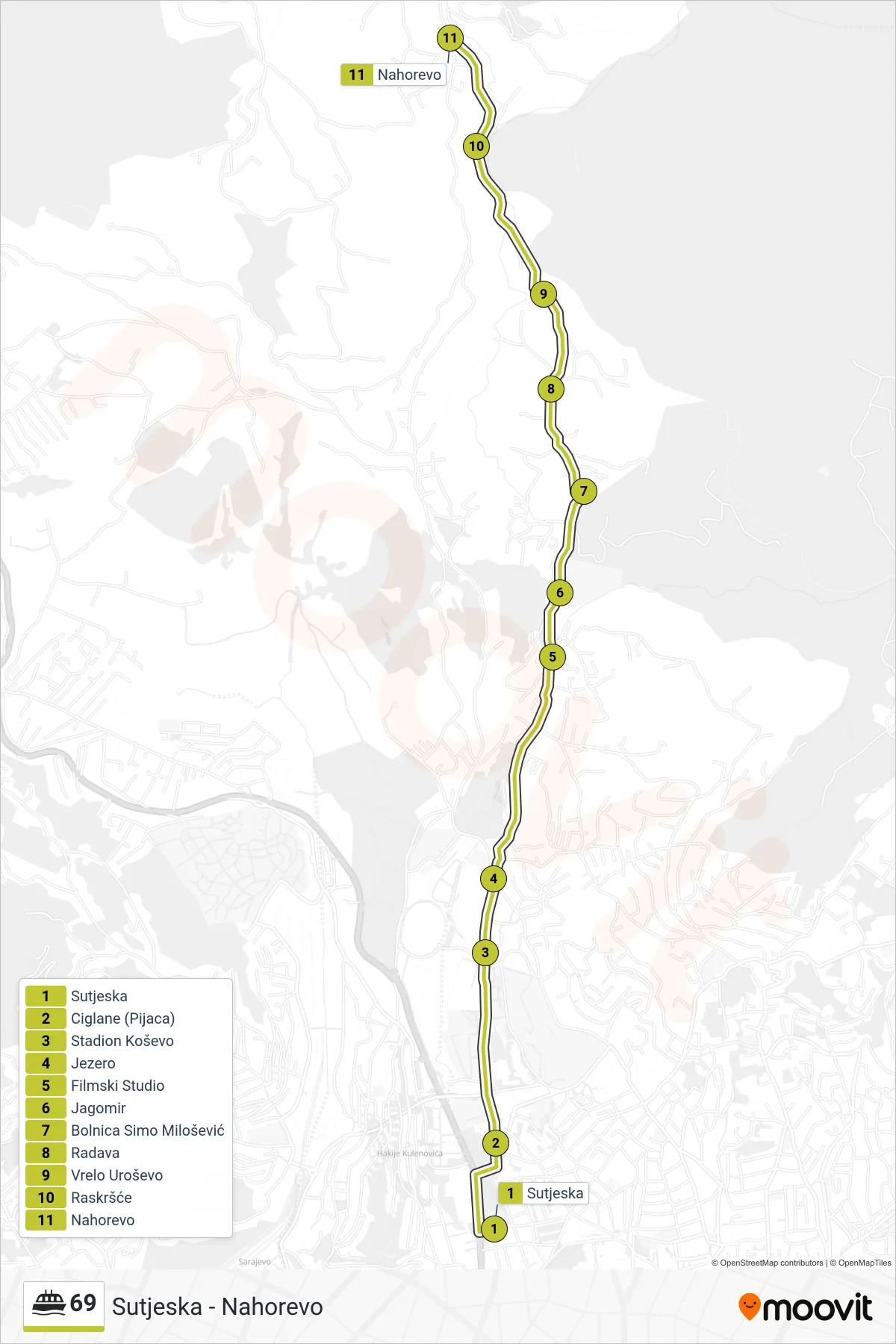 Linija 69 trajekt, (Sutjeska - Nahorevo) – trasa i stajališta na mapi